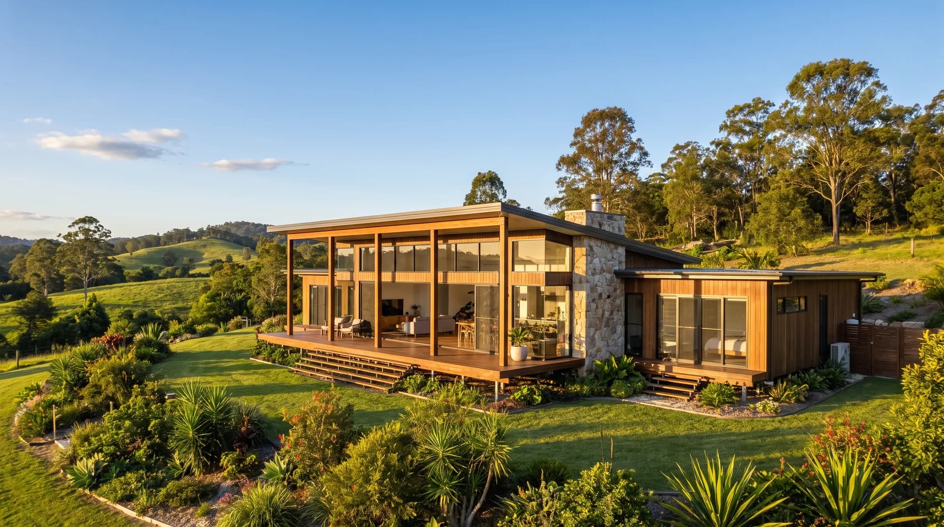 A contemporary acreage home set in the green Dayboro hills in warm afternoon light