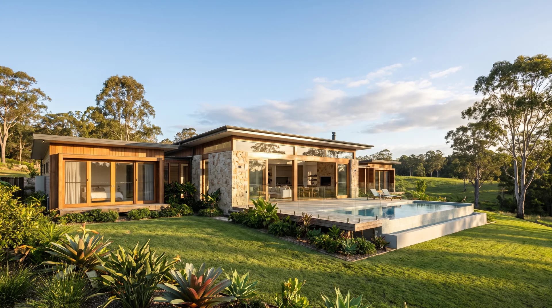 A refined contemporary acreage home showcasing its design in warm afternoon light