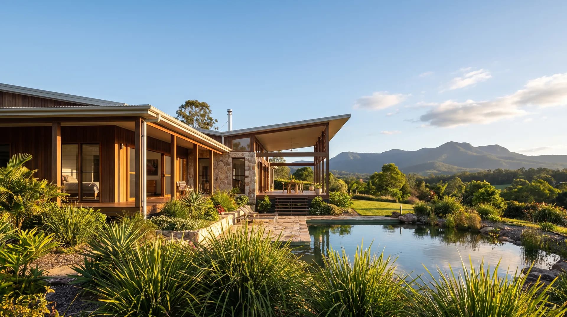 A contemporary rural home near the D'Aguilar Range in warm afternoon light