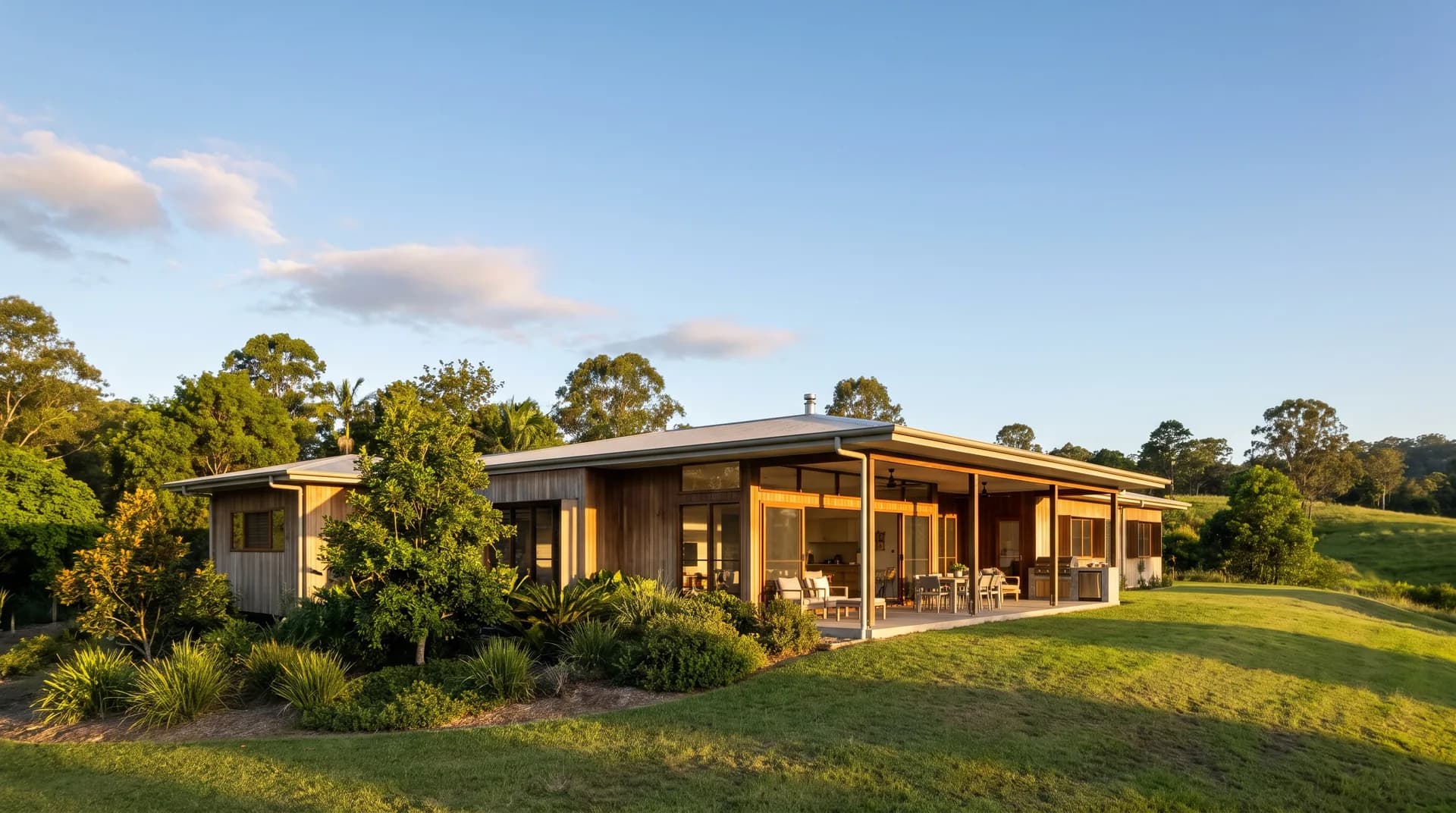 A contemporary acreage home in the Samford Valley in warm afternoon light