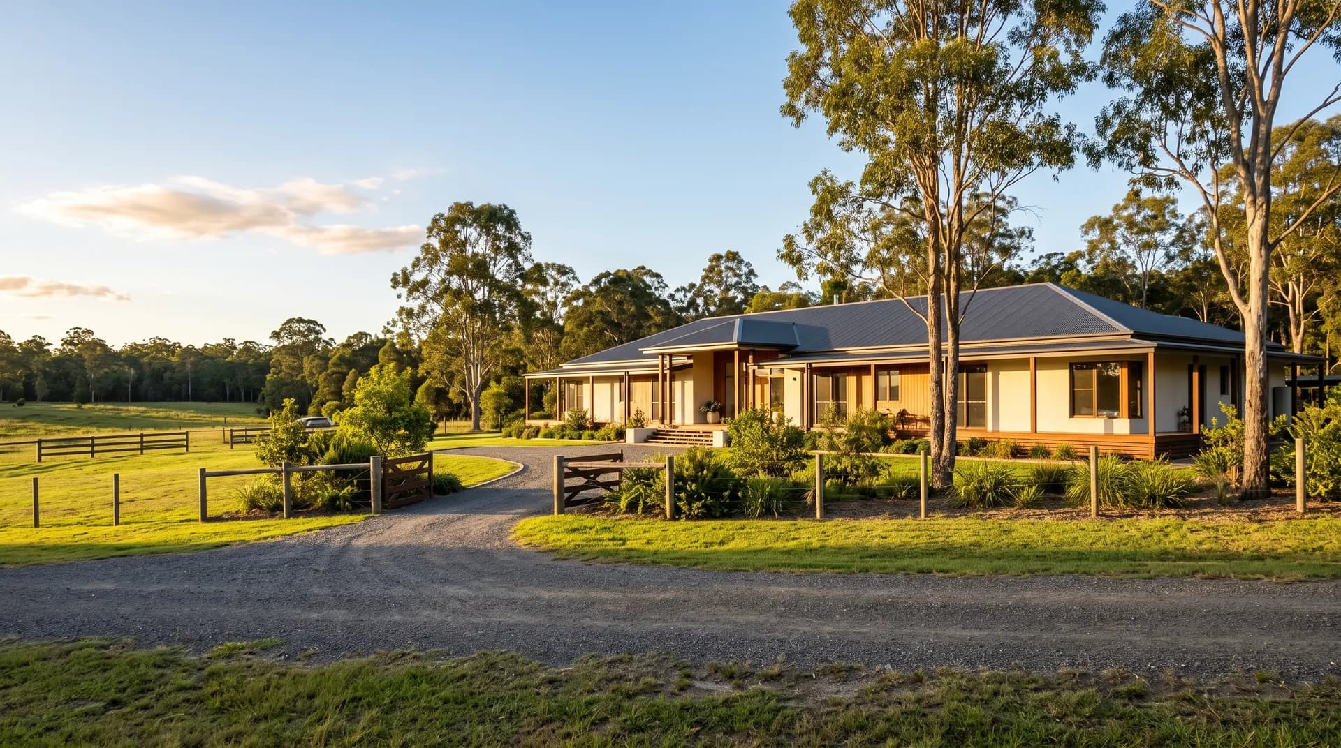 A grand contemporary acreage home on a rural North Brisbane block in warm afternoon sunlight