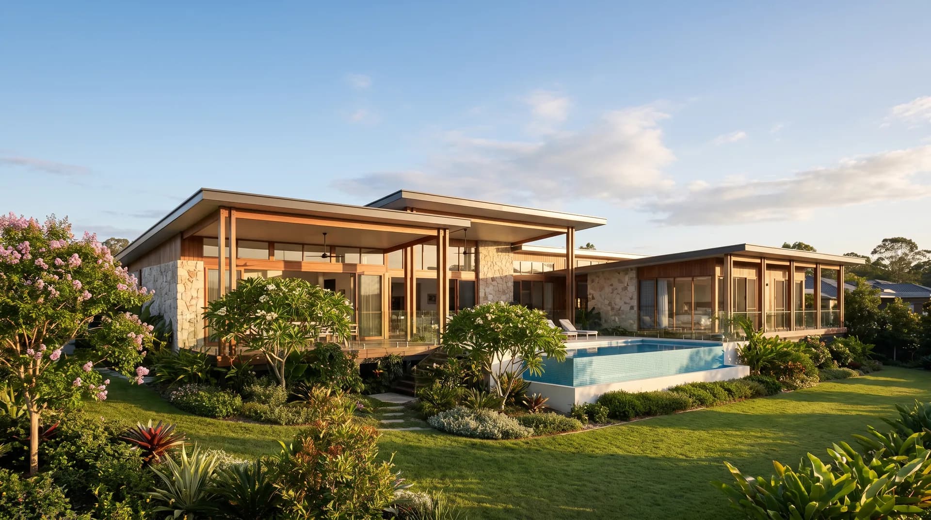 A new family-estate home in the North Lakes corridor in warm afternoon light