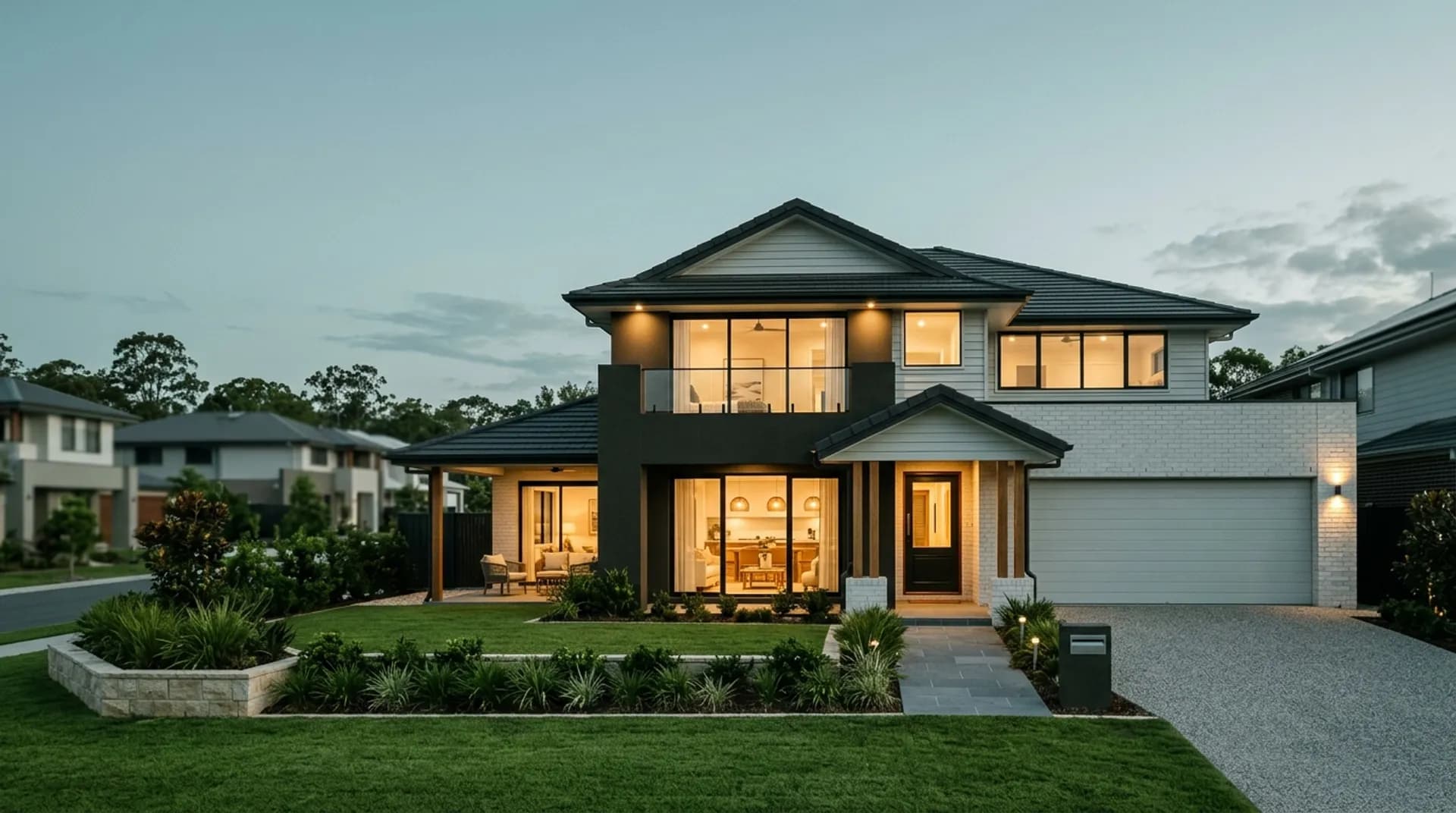 A warm-lit display home exterior showing a range of designs in warm afternoon light
