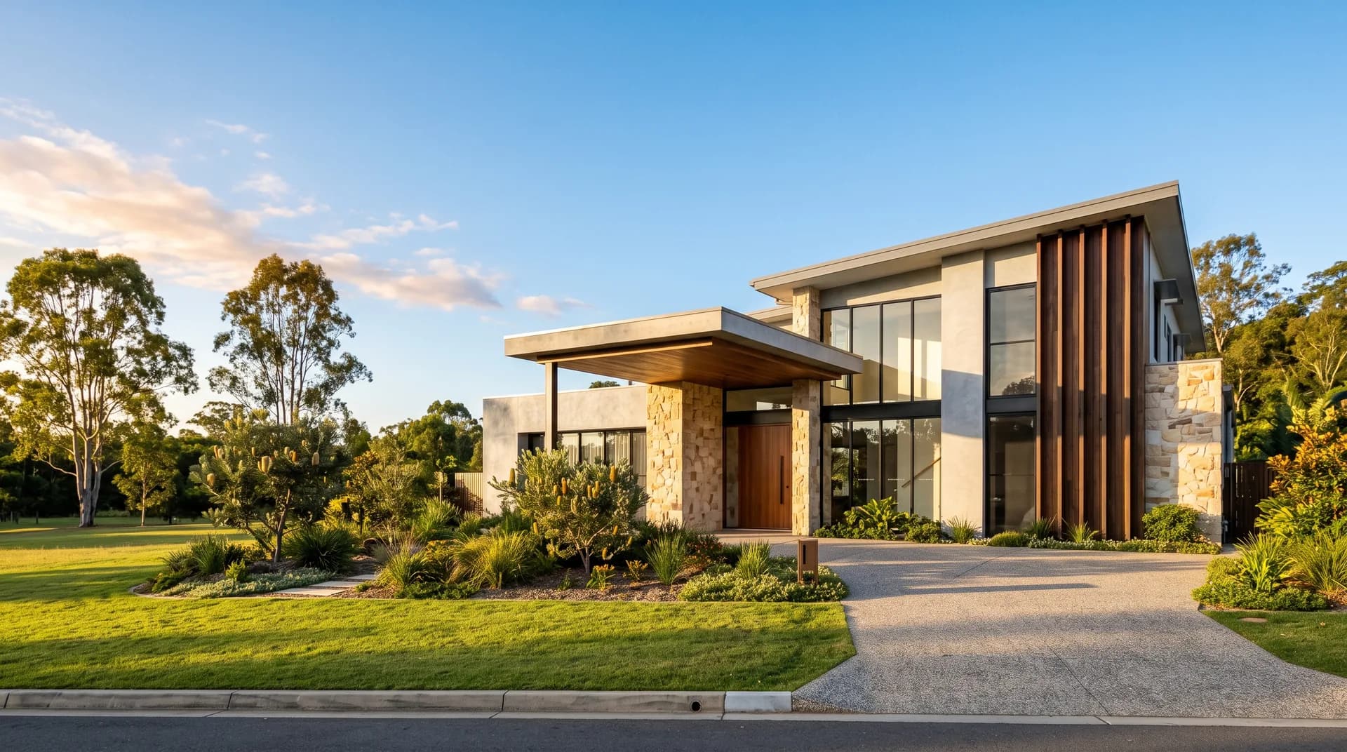 A bespoke contemporary custom home in North Brisbane in warm afternoon sunlight