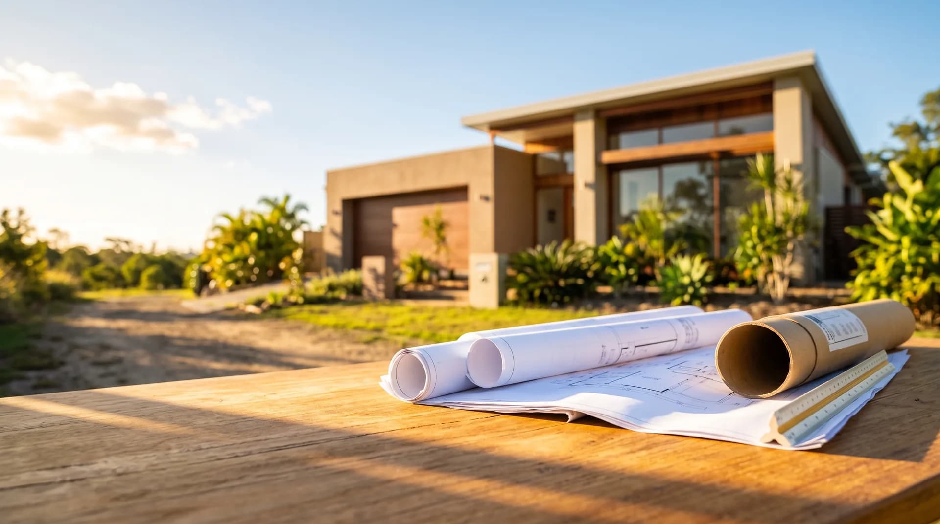 Architectural plans on a timber table, set against a new Brisbane home in warm afternoon sunlight