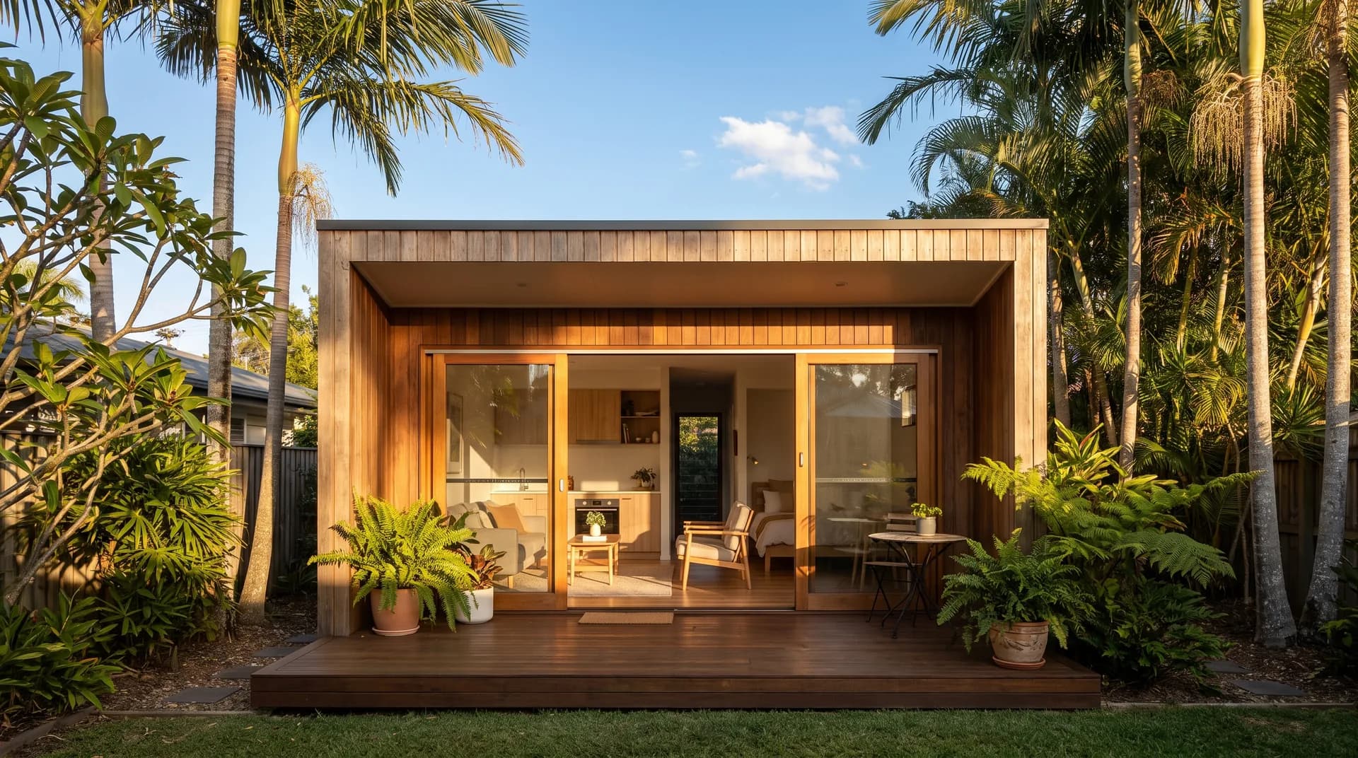 A compact 1-bedroom studio granny flat in a Brisbane backyard in warm afternoon light