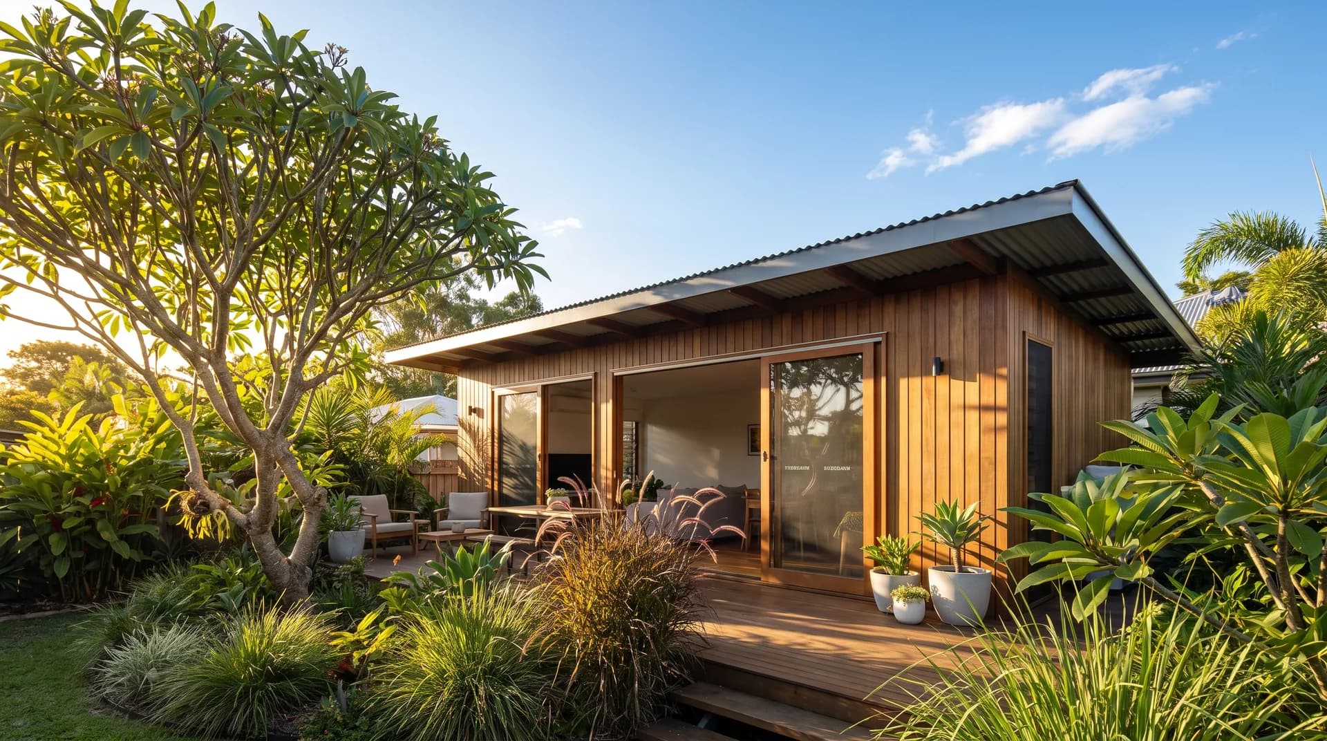 A modern granny flat in a North Brisbane backyard in warm afternoon light
