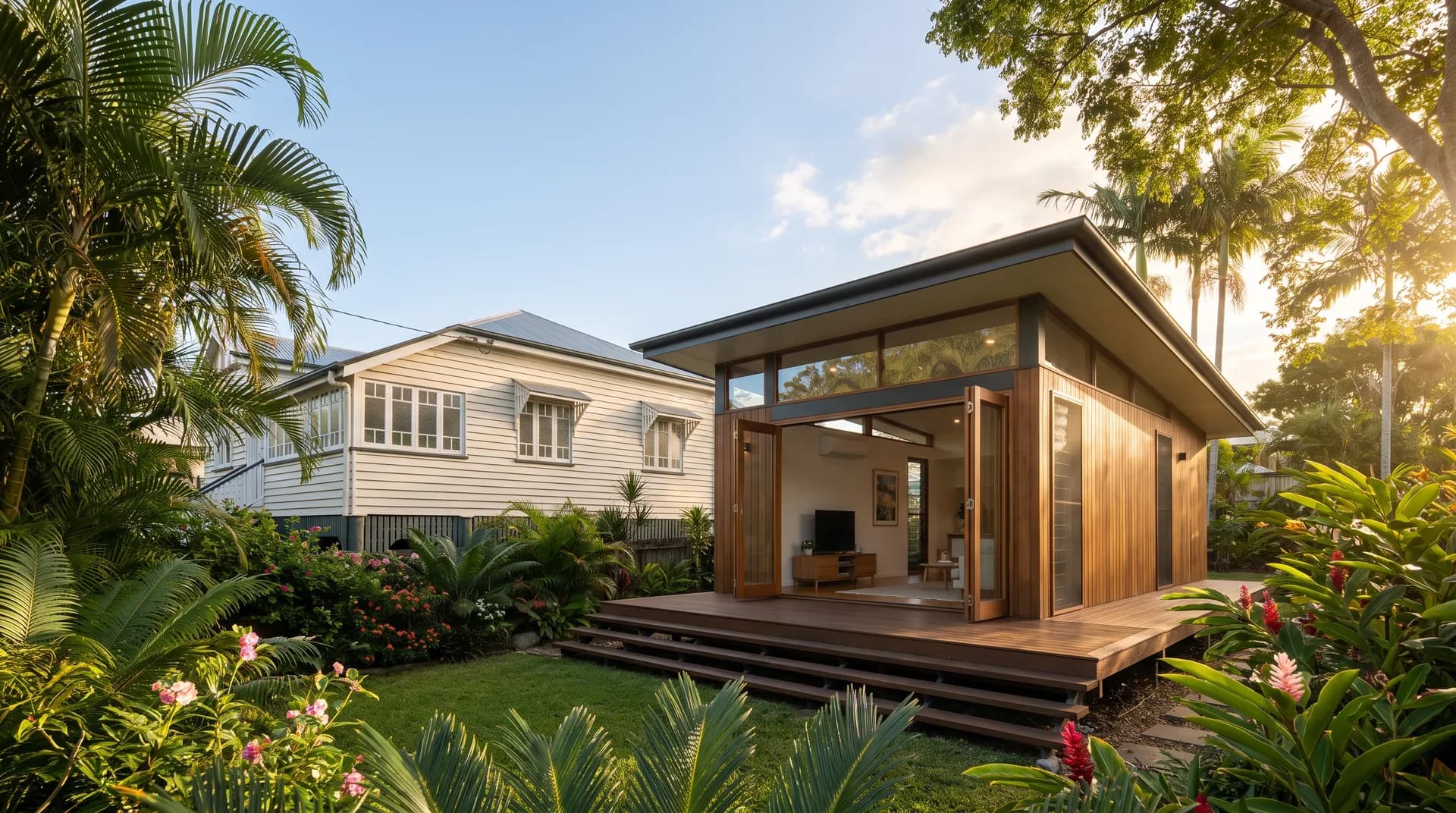 A self-contained secondary dwelling beside an established main house in warm afternoon light