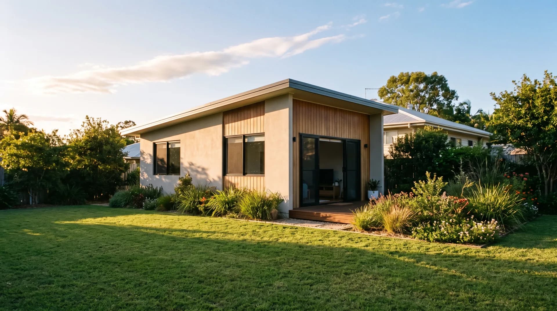 A modern detached granny flat in a North Brisbane backyard in warm afternoon sunlight
