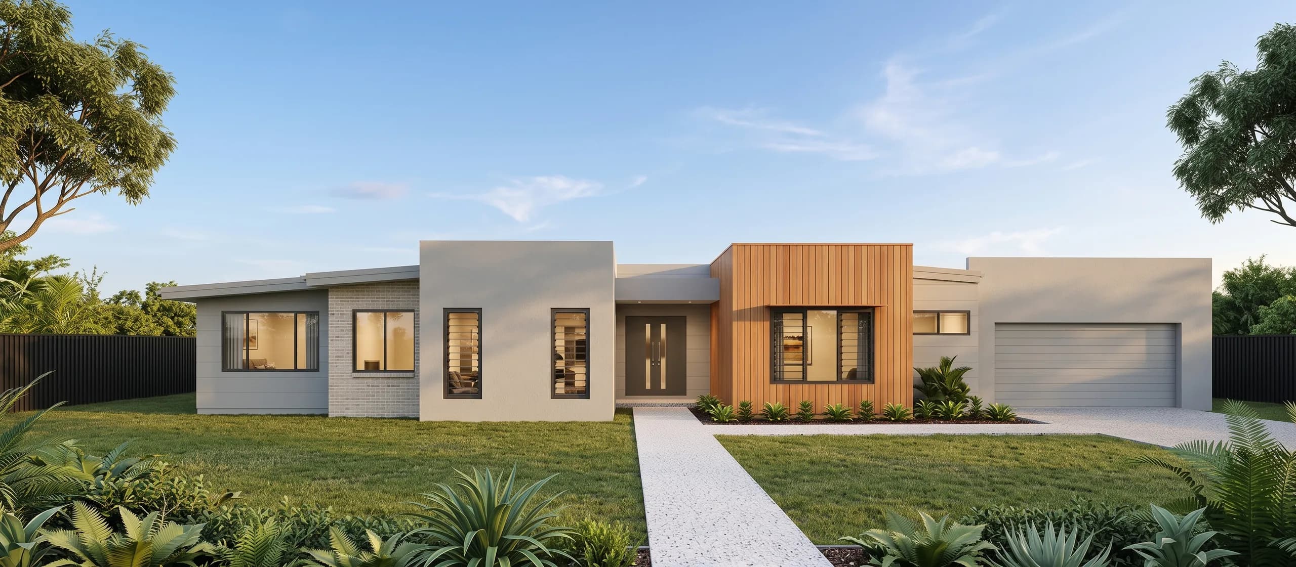 The Oakmont in the urban facade: a single-storey home with rendered and timber-clad frontage, in warm afternoon sunlight