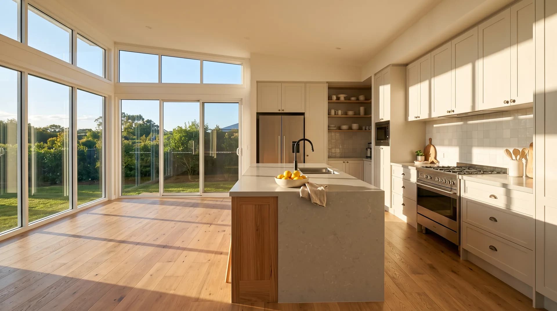 Interior finishes detail of a new home kitchen in warm afternoon sunlight