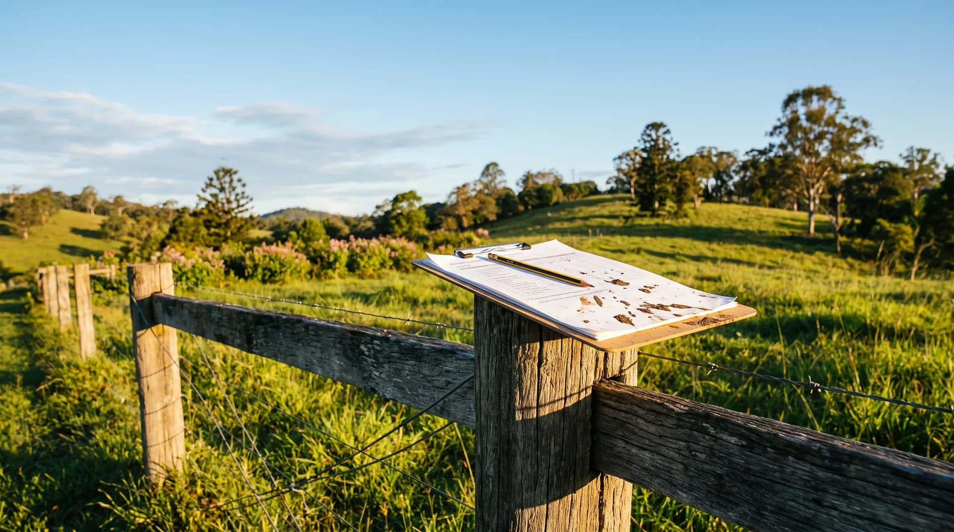 A site clipboard resting on a fence post on a rural acreage block in warm afternoon light