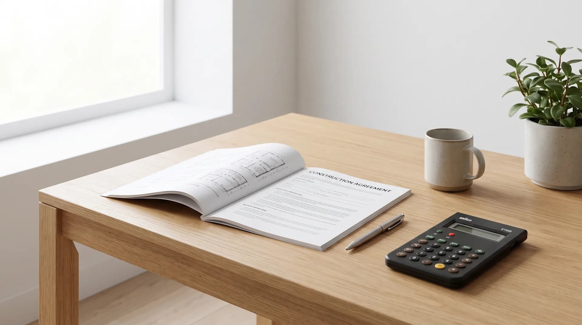 A builder's contract and calculator on a desk in warm afternoon light