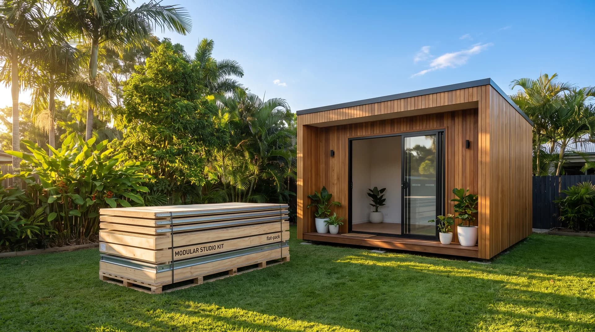 A flat-pack module beside a finished compact studio concept in warm afternoon light