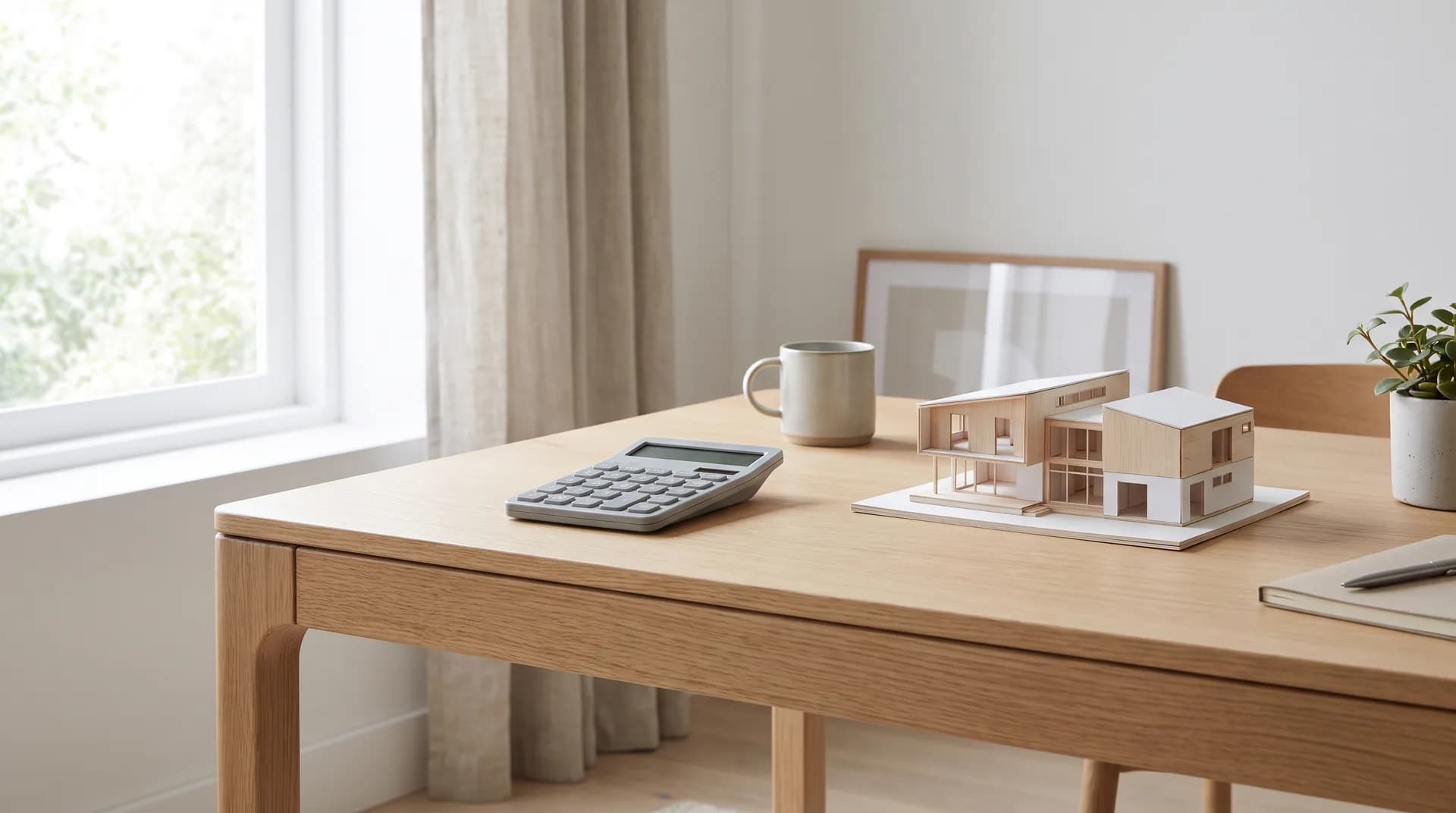 A calculator beside a small architectural home model on a desk in warm afternoon light