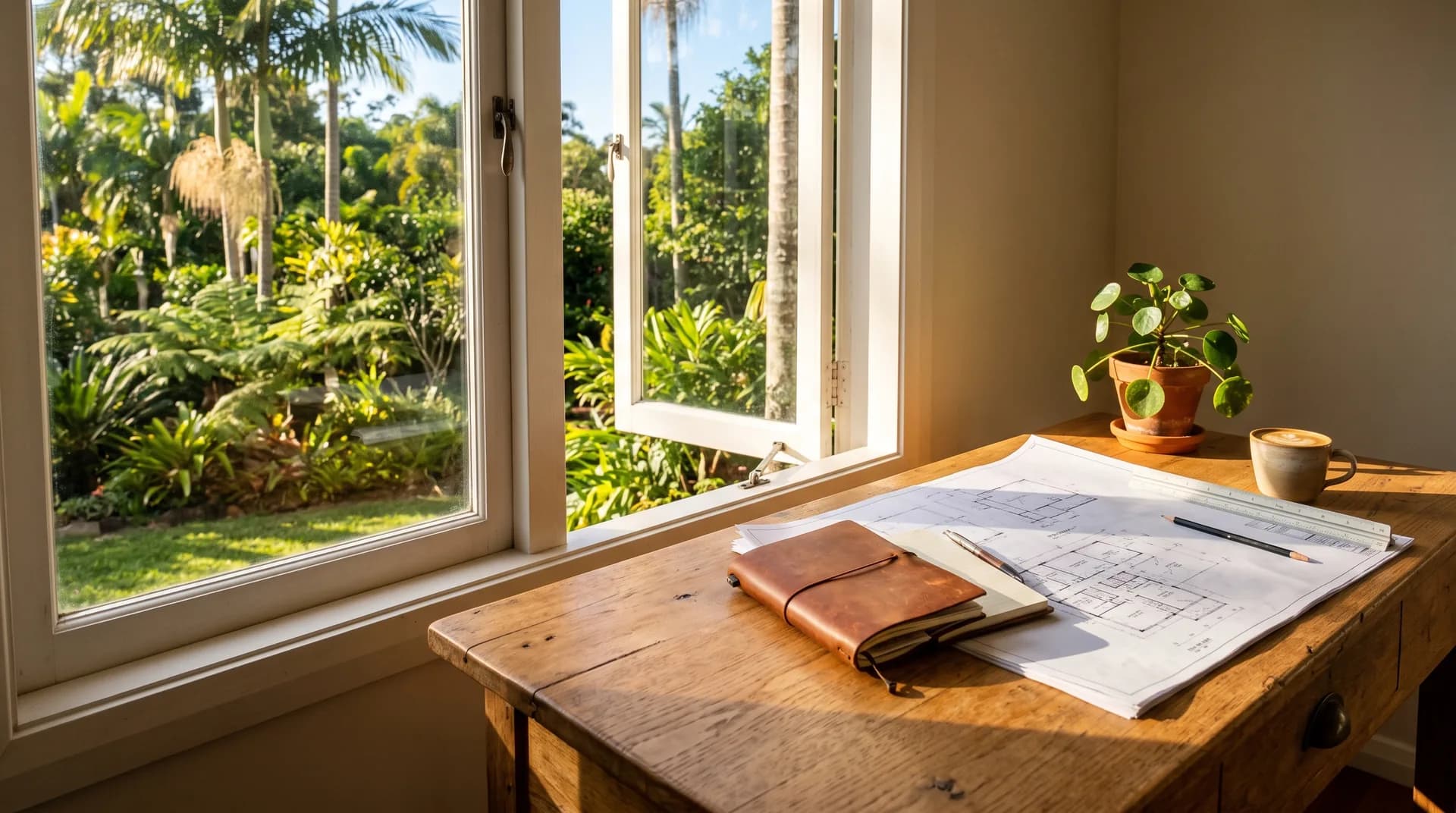 A study desk with home plans and a builder's notebook in warm afternoon sunlight