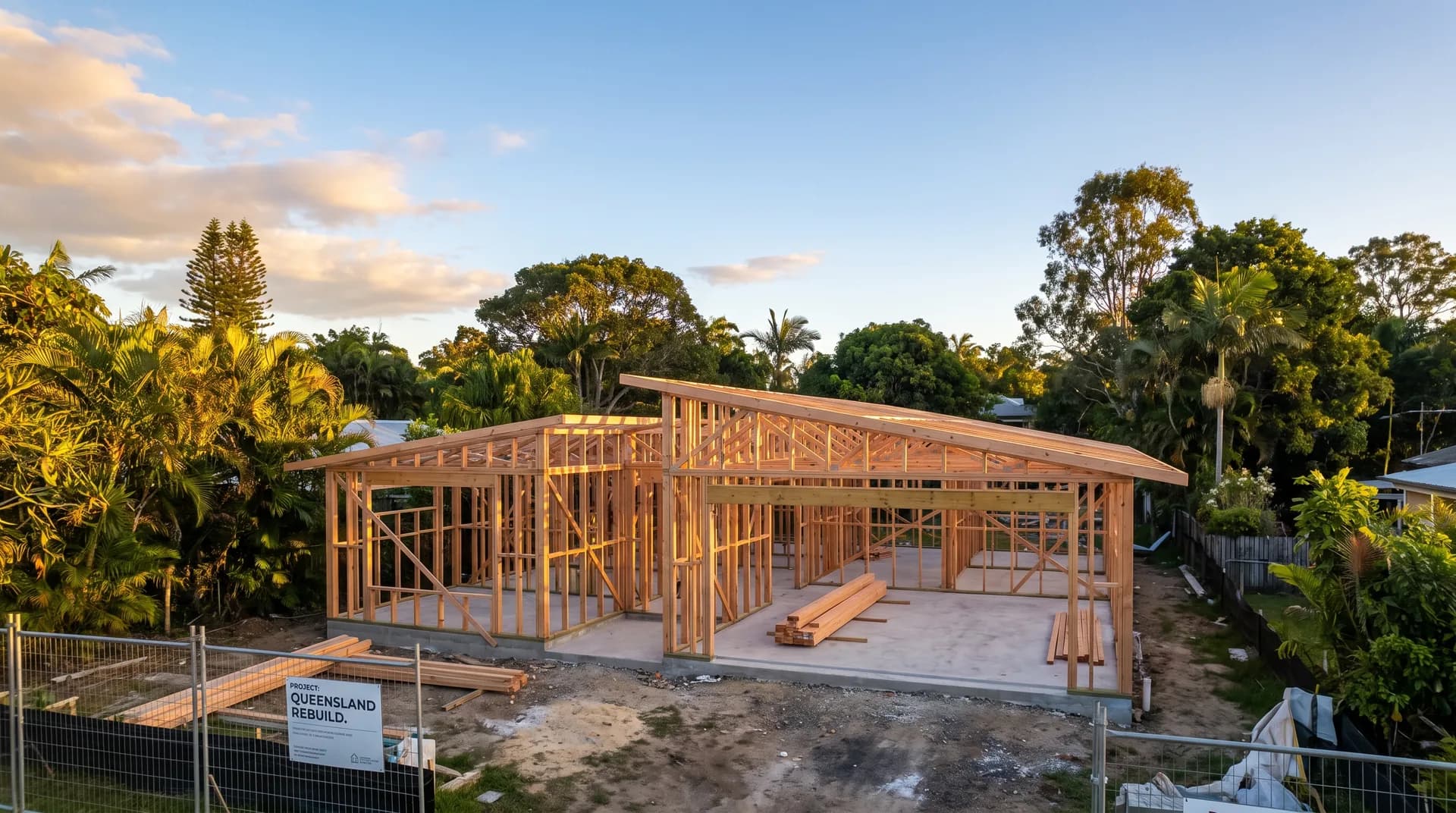 A new home rising on a cleared established block for a knockdown rebuild in warm afternoon light