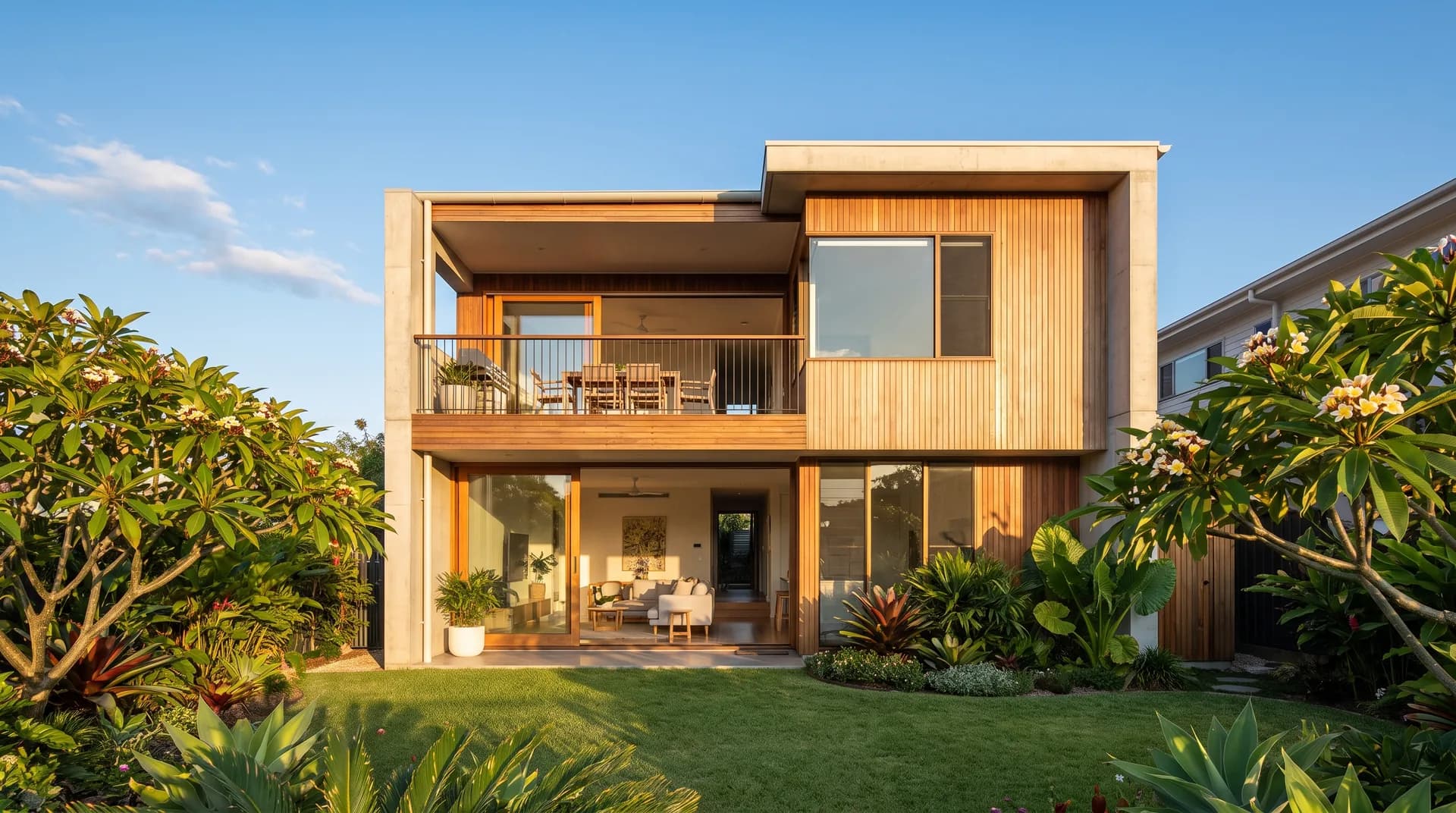 A contemporary double storey family home in North Brisbane in warm afternoon light