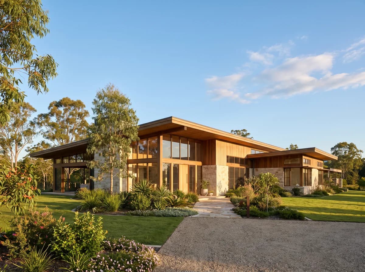 A refined contemporary acreage home showcasing its design in warm afternoon light