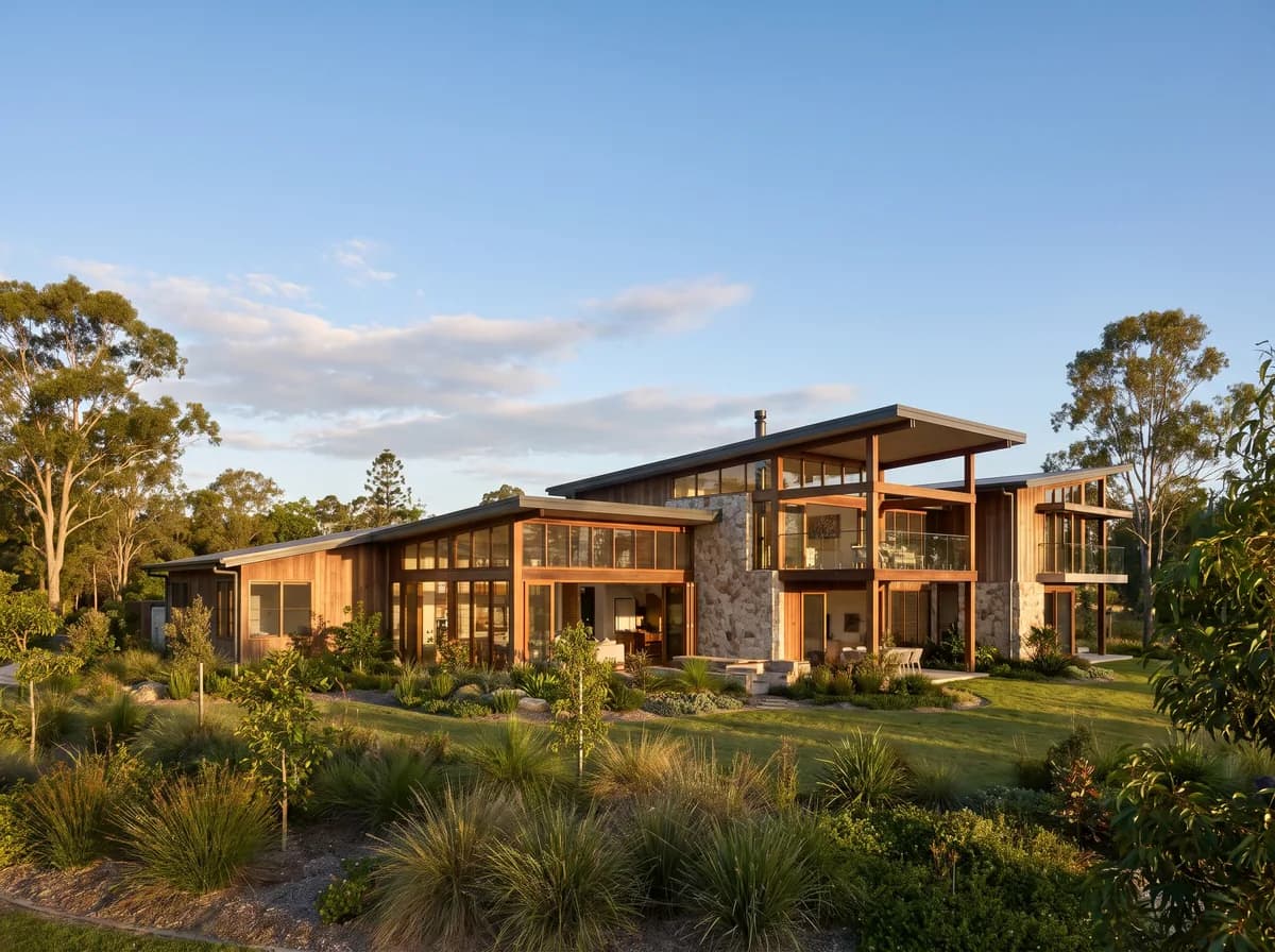 A grand contemporary acreage home on a rural North Brisbane block in warm afternoon light