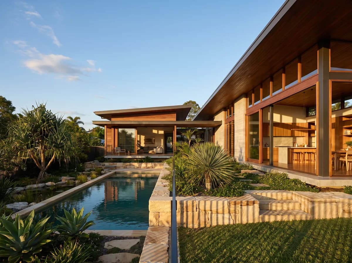 A bespoke contemporary custom home in North Brisbane in warm afternoon light