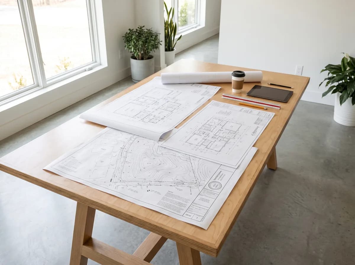 Architectural plans and a contour survey on a site table beside a new Brisbane home in warm afternoon light