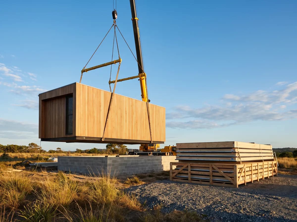 A modern detached granny flat with a single-pitch roof in a North Brisbane backyard in warm afternoon light