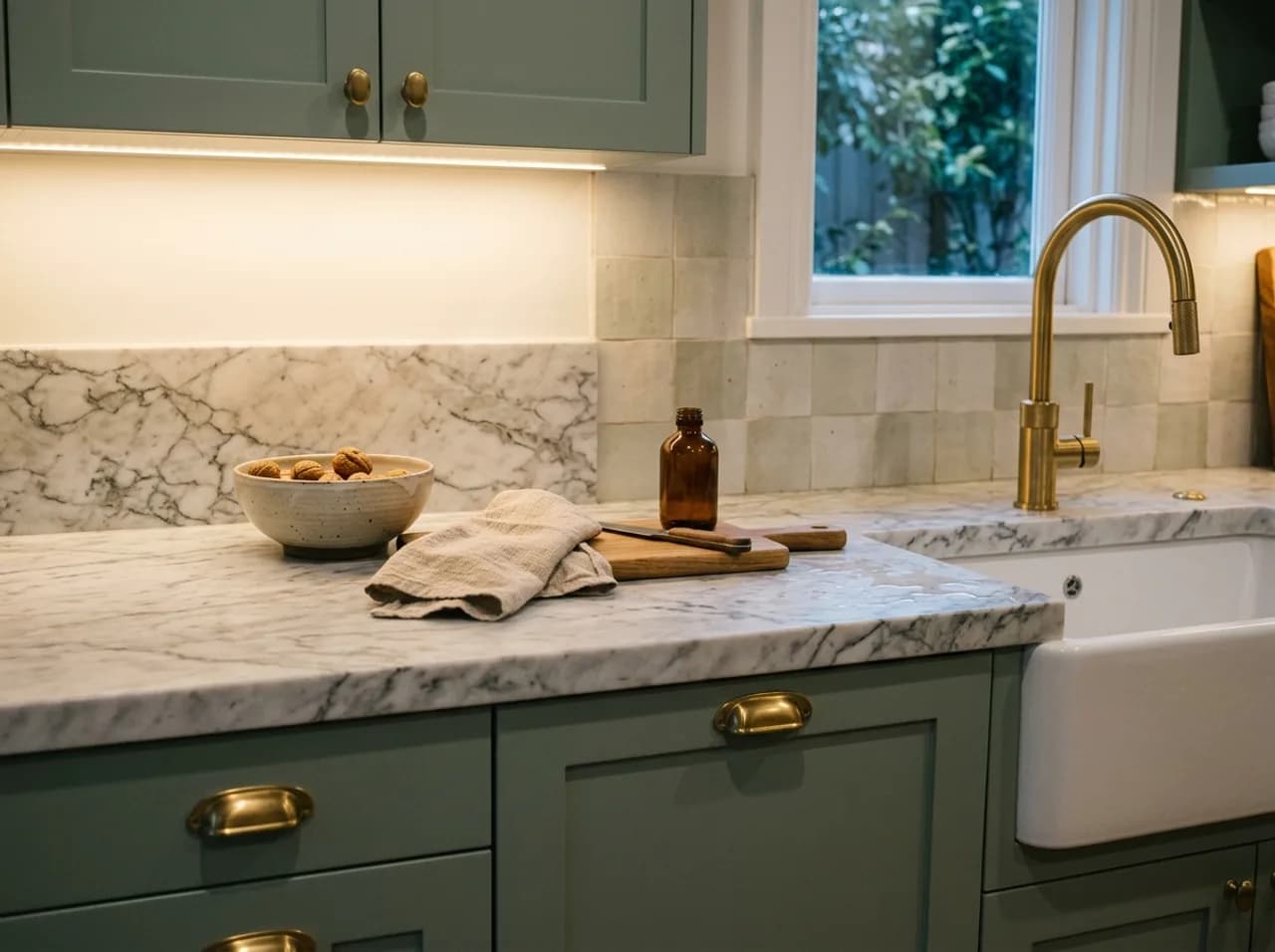 Interior finishes detail of a new home kitchen with stone bench in warm afternoon light