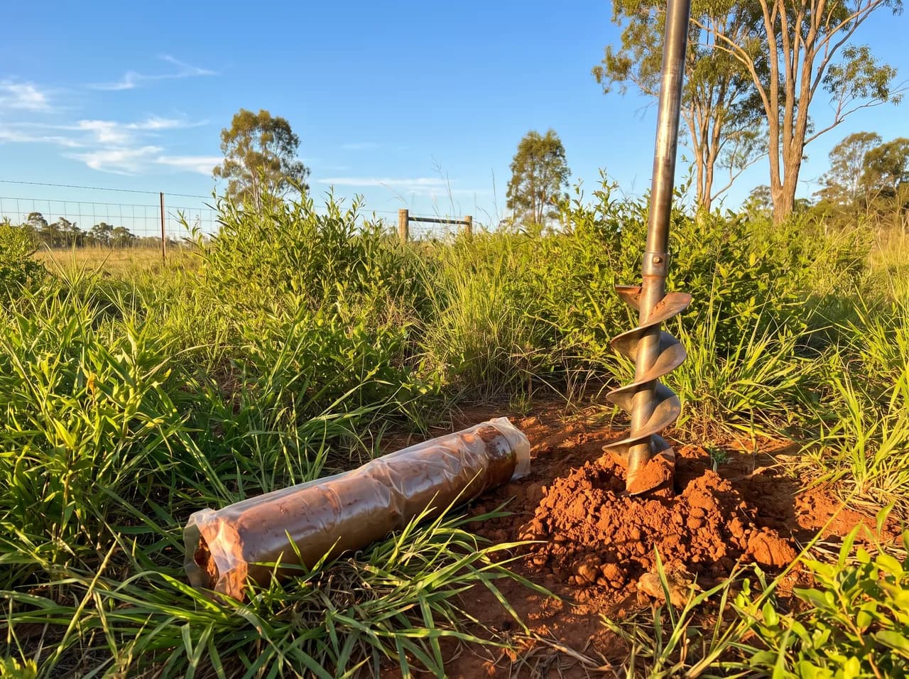 A soil core sample and geotechnical test auger in reactive clay on a rural acreage block in warm afternoon light