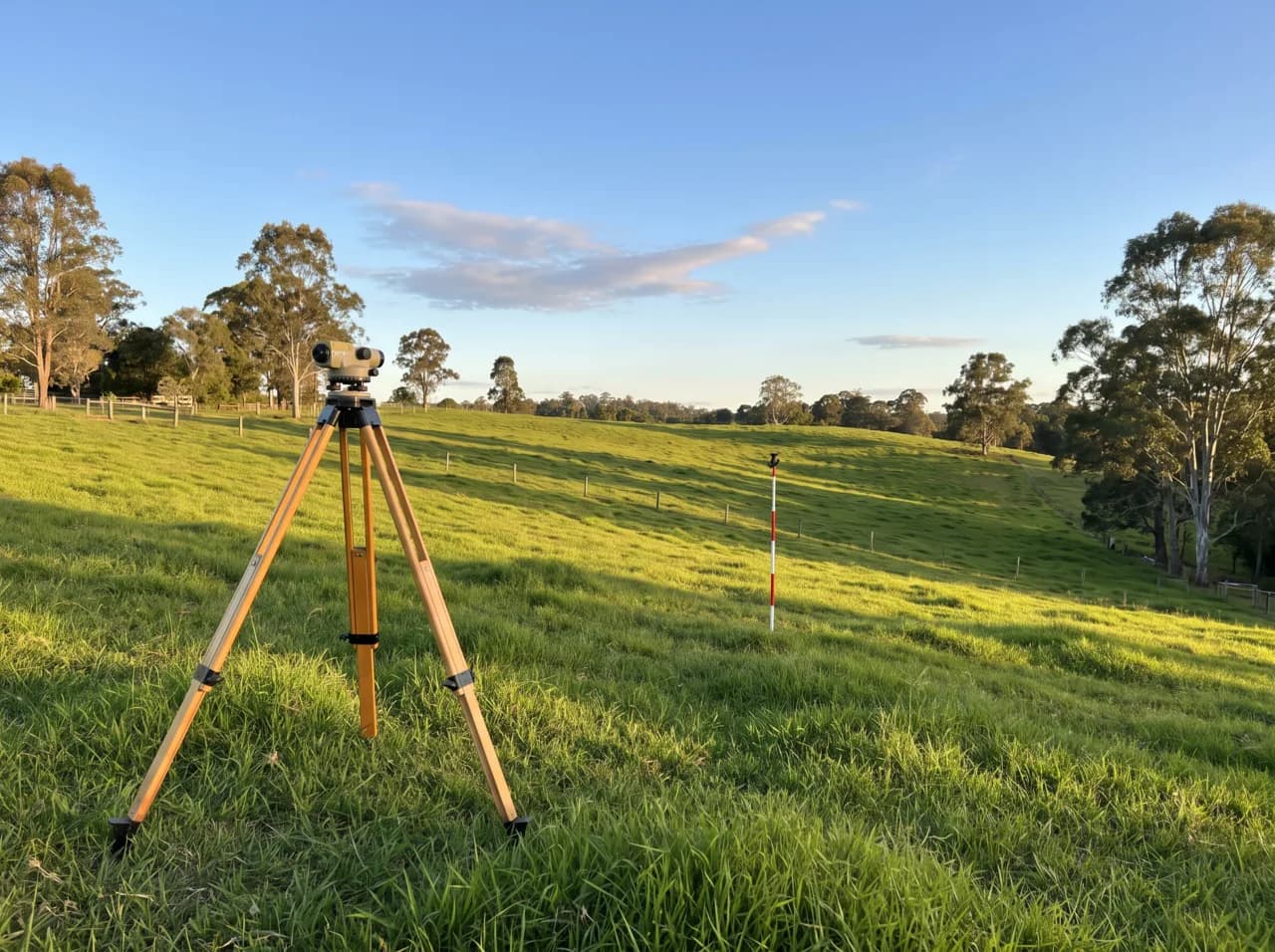 A surveyor's tripod and level on a sloping paddock showing the fall of an acreage block in warm afternoon light
