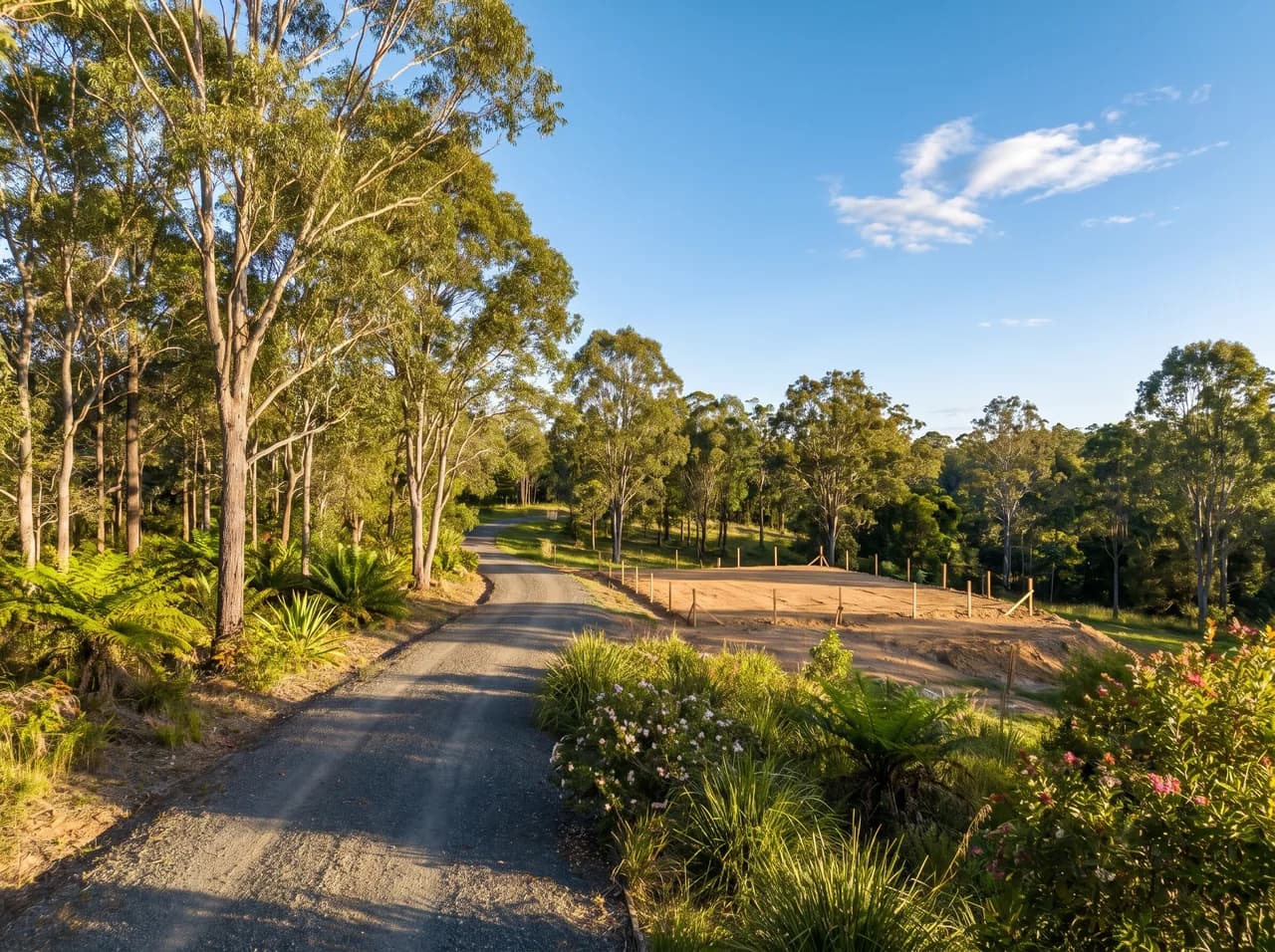 A long gravel driveway winding through gum trees to a building pad on a rural acreage block in warm afternoon light