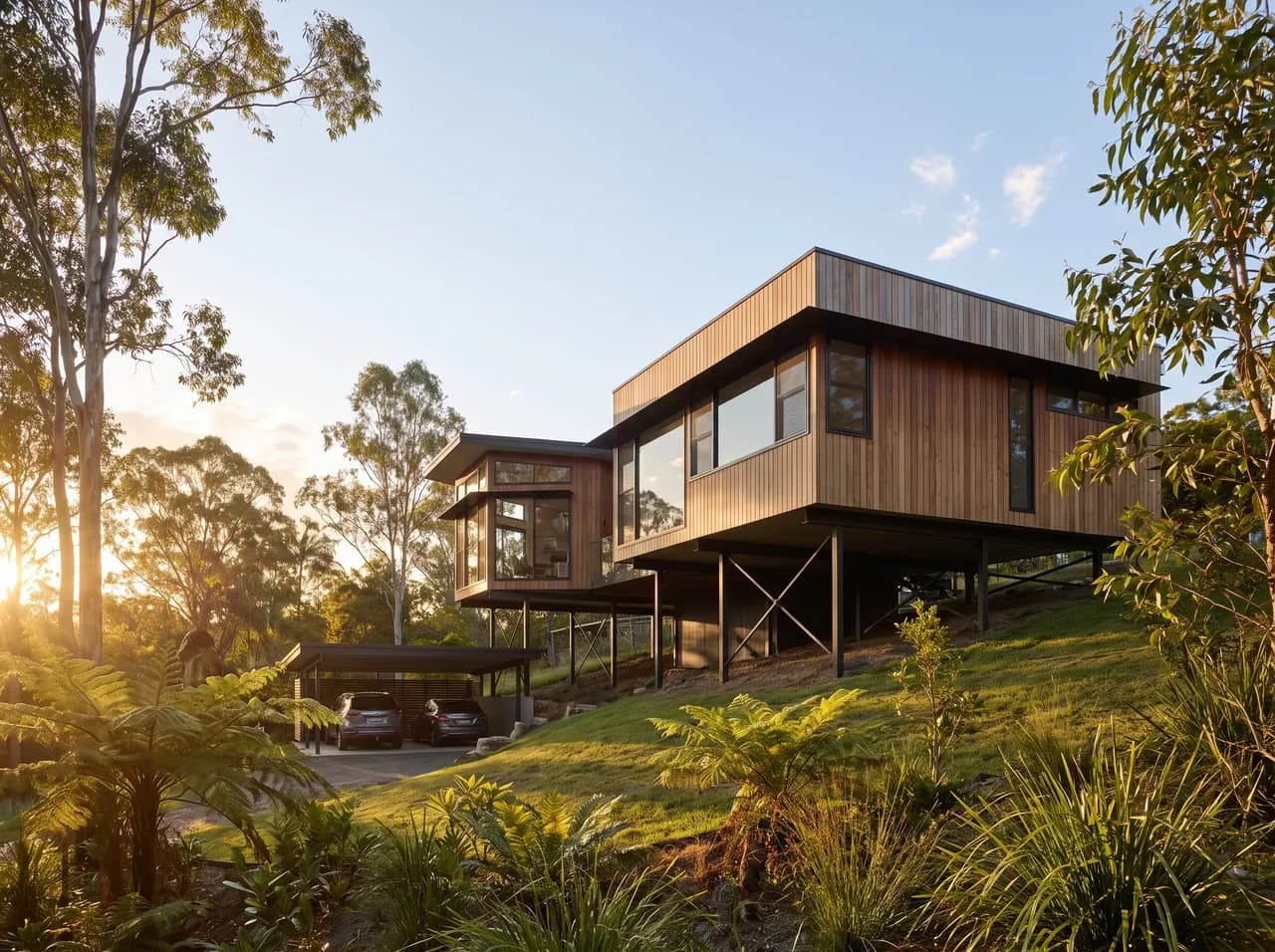 A highset contemporary home raised on piers above a sloping acreage block with covered parking under, in warm afternoon light