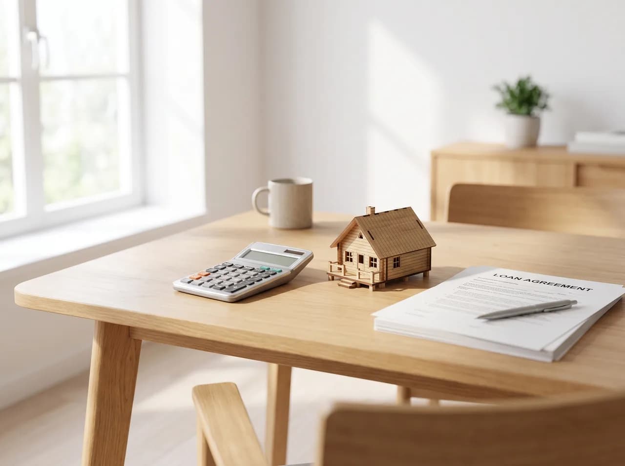 A calculator beside a small timber house model and loan paperwork on a desk in bright natural daylight
