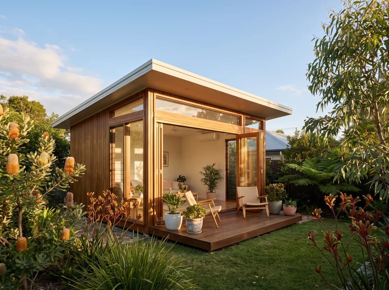 A finished compact built granny flat studio with warm glass doors and a small deck in a native garden in warm afternoon light