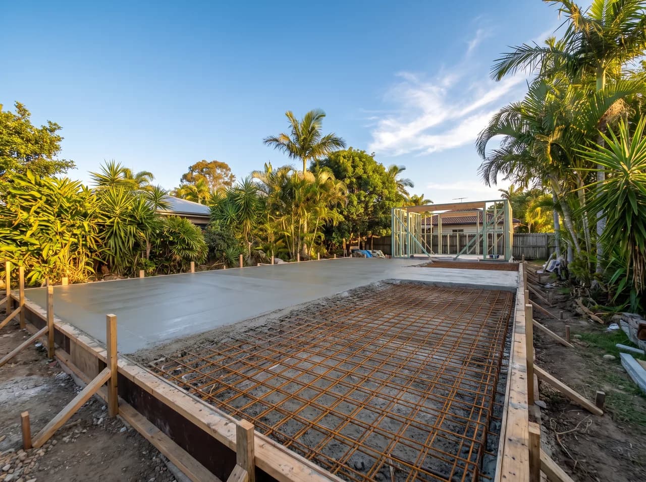 A freshly poured concrete slab with steel reinforcement and formwork for an on-site granny flat build in warm afternoon light