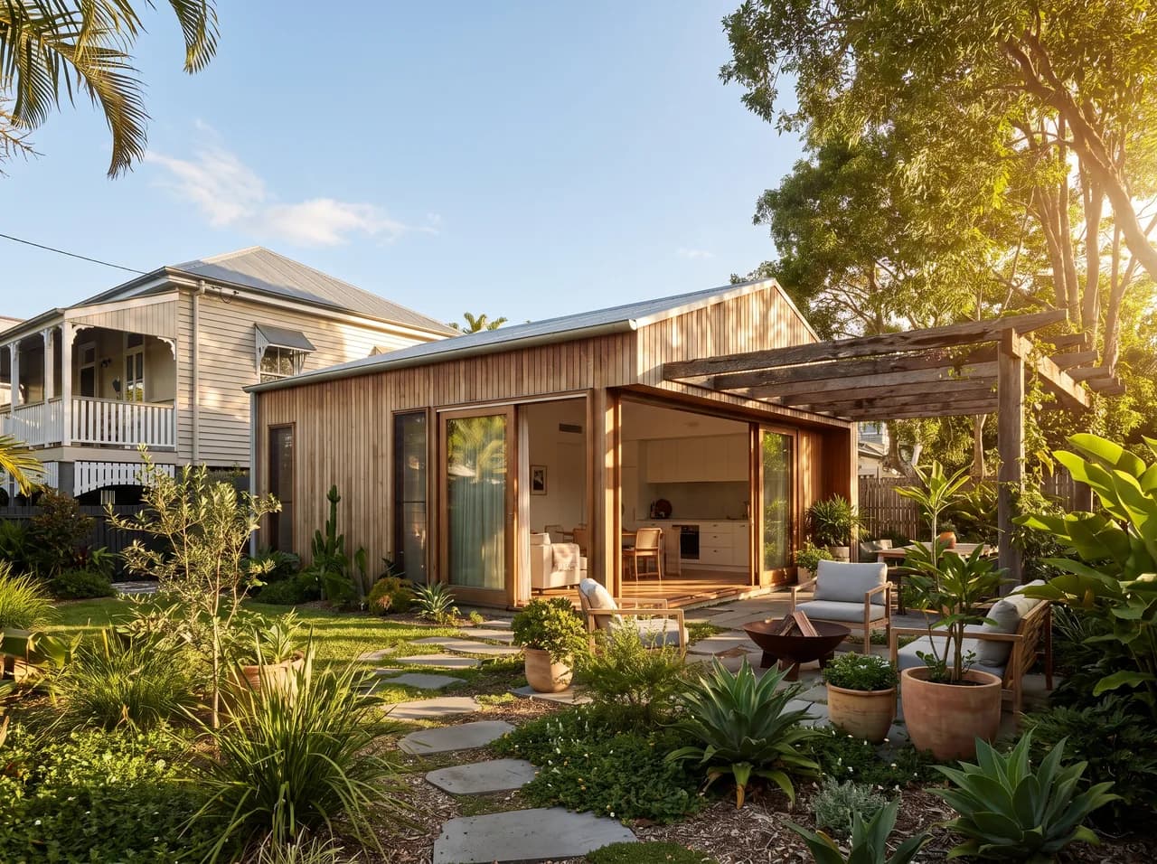 A warmly lit secondary dwelling studio beside a main home sharing a garden courtyard in warm afternoon light
