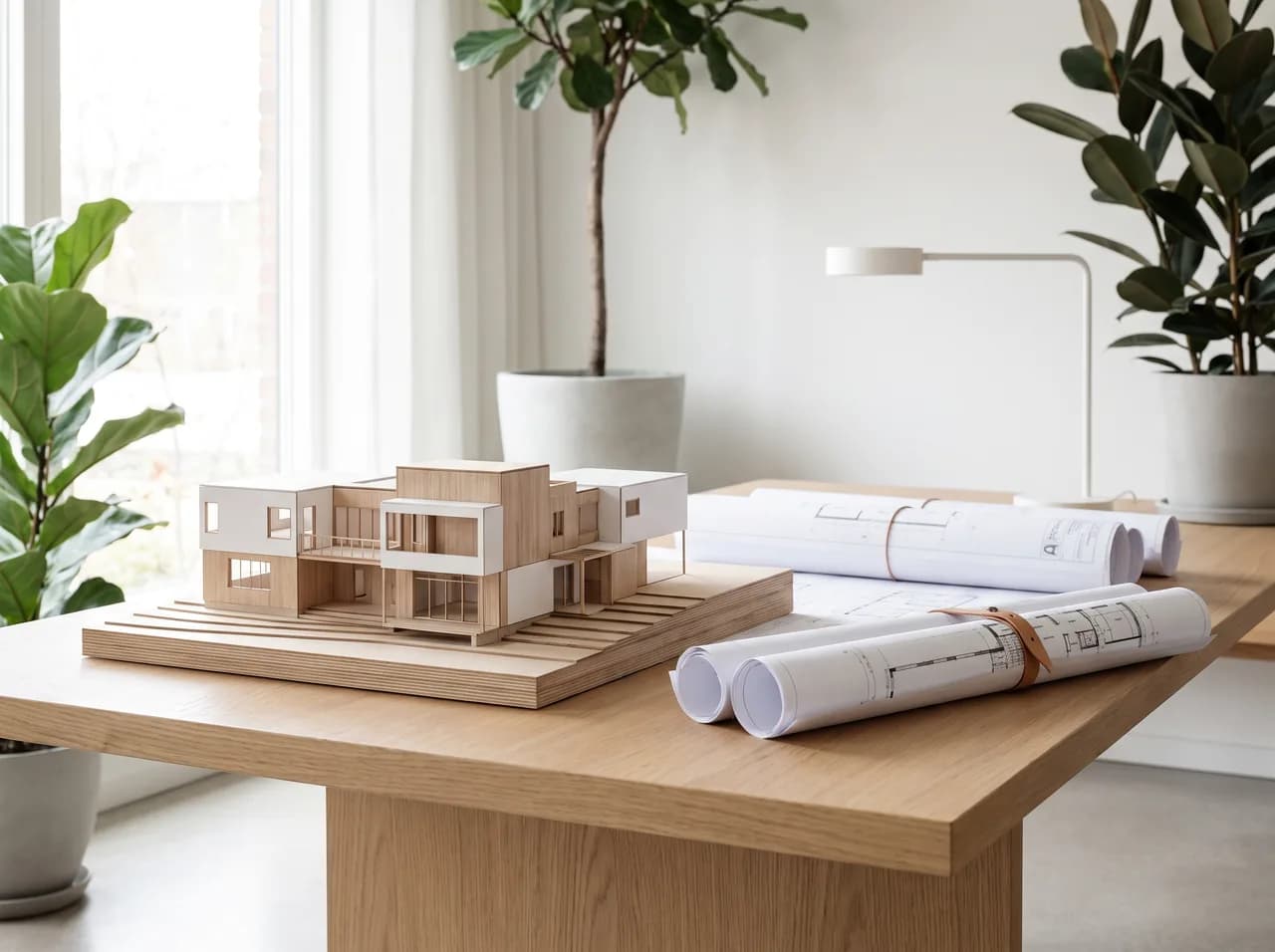 An architectural home model beside rolled floor plans on a light timber desk in warm afternoon light