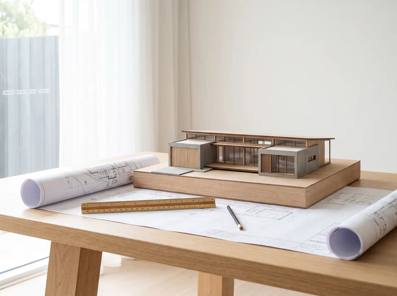 A single-storey family home model with site plans and a scale ruler on a desk in warm afternoon light