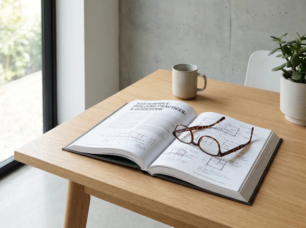 An open builder's guidebook and reading glasses on a timber desk in bright natural daylight