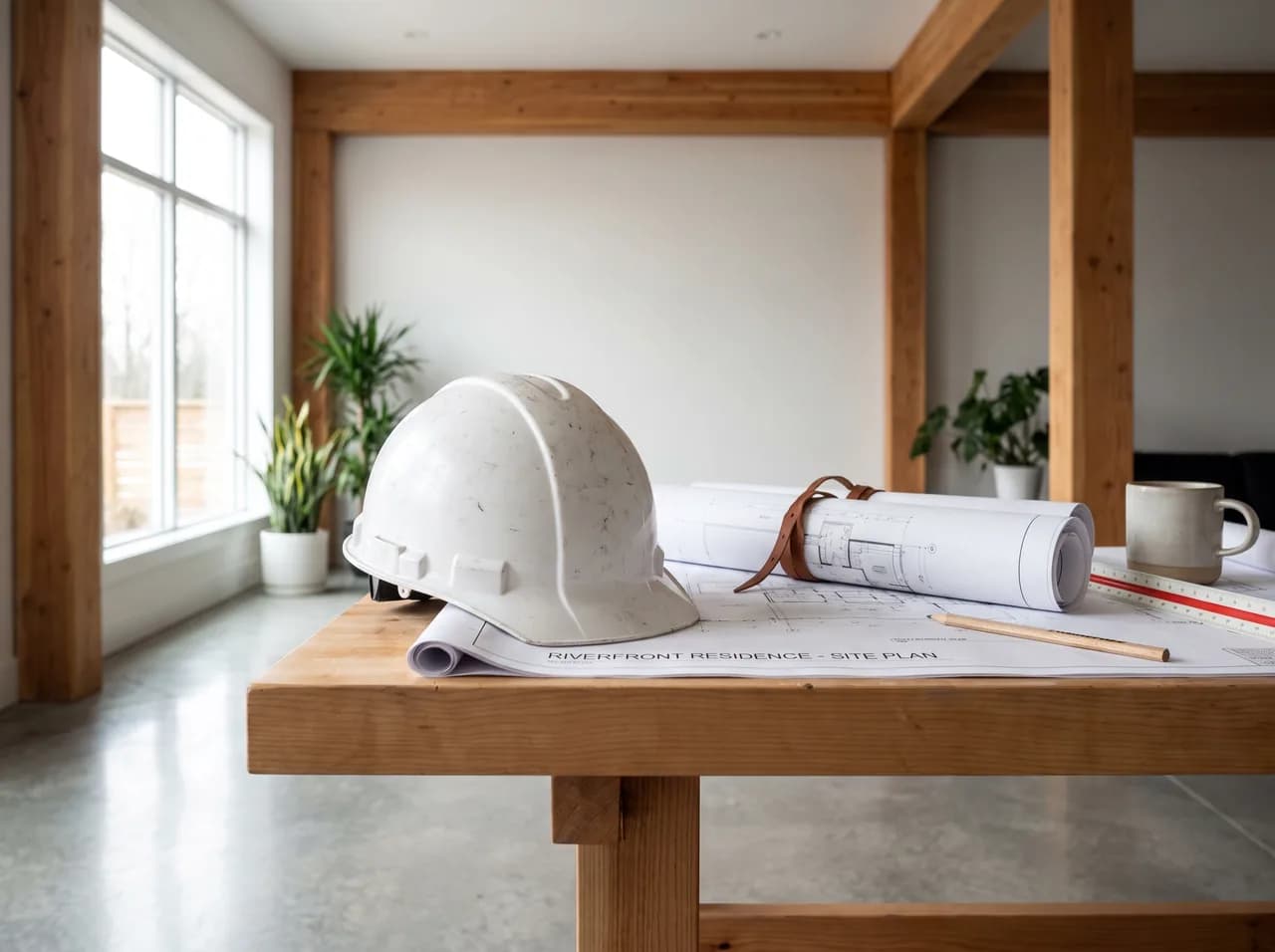 A builder's hard hat and rolled plans arranged on a workbench in warm afternoon light