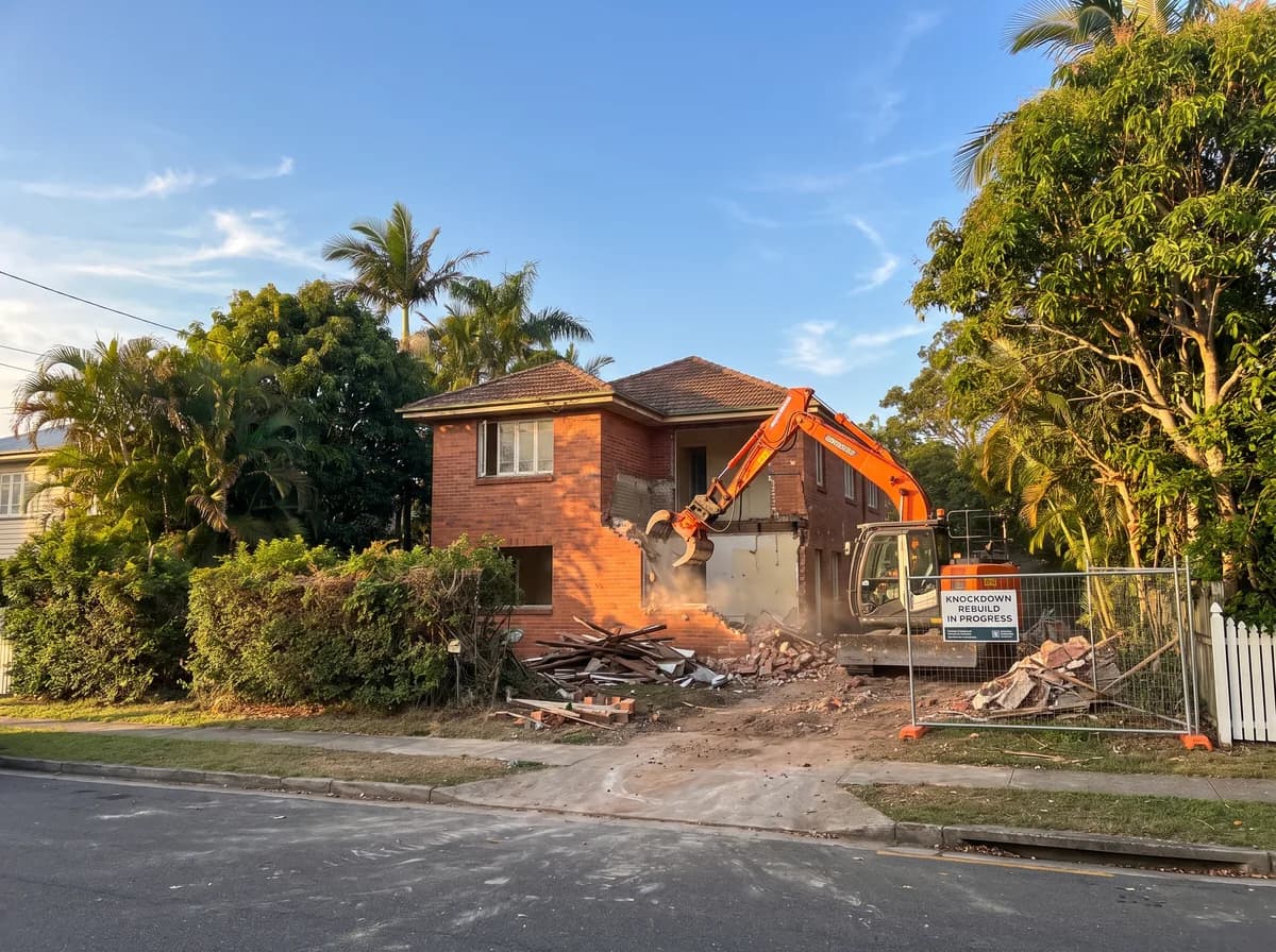 An old home being cleared on an established Brisbane block for a knockdown rebuild in warm afternoon light
