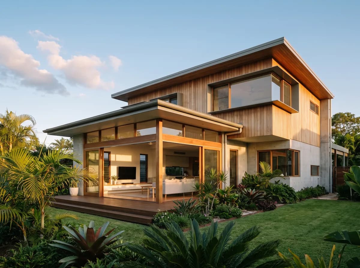A contemporary double storey family home in North Brisbane in warm afternoon light