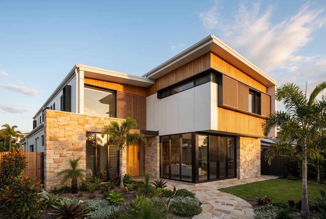 A double-storey custom home with stone, render, timber and floor-to-ceiling glazing