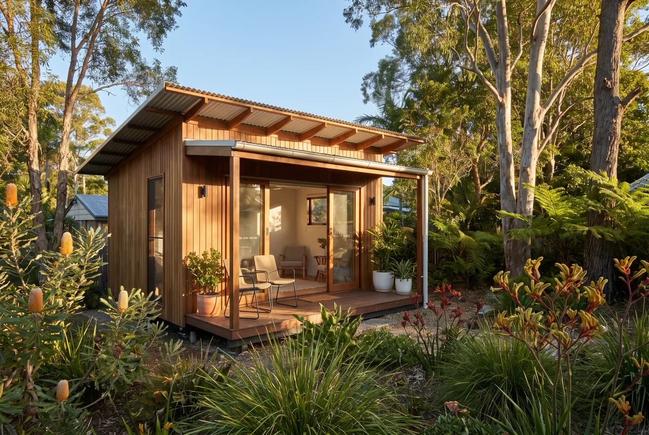 A compact single-pitch granny flat studio with a deck and native garden
