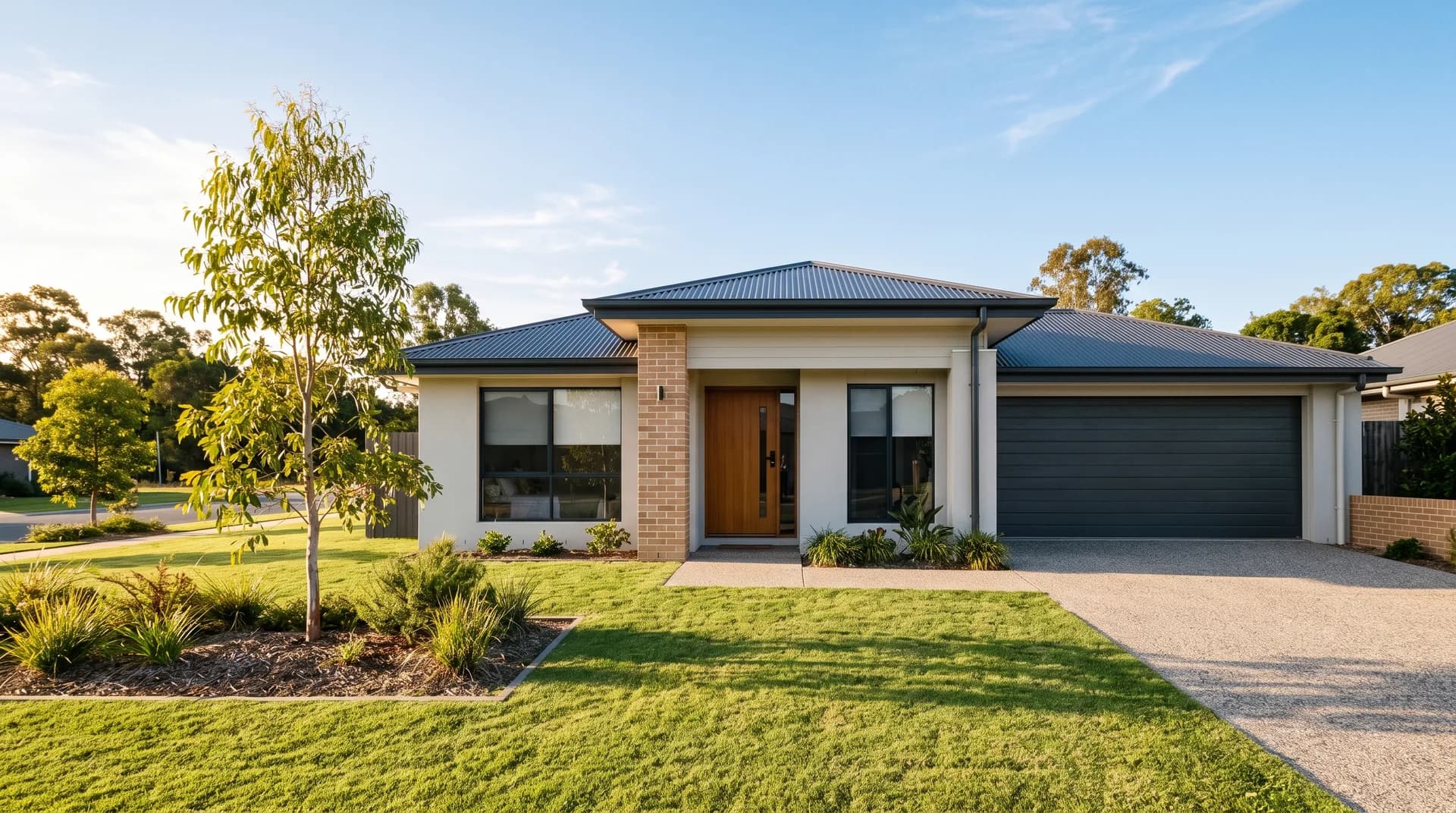 A builder's completed family home in North Brisbane in warm afternoon sunlight