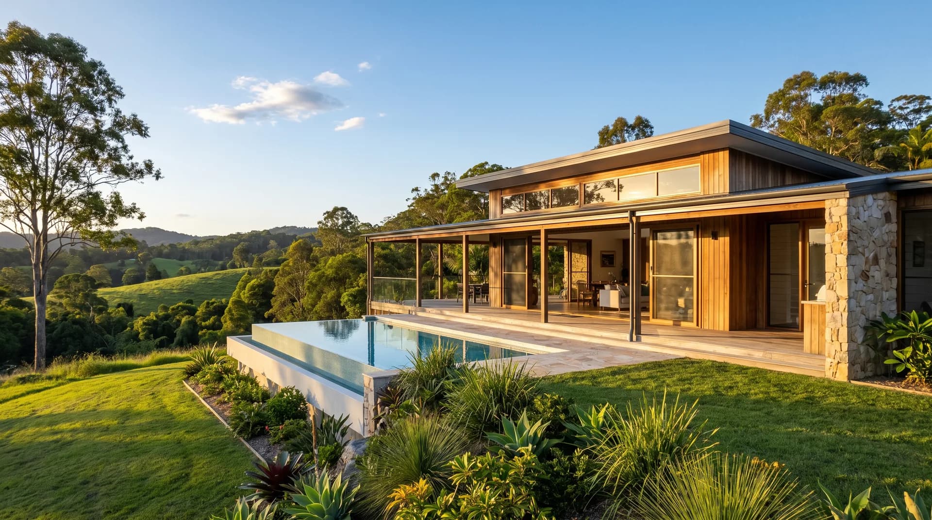 A contemporary acreage home with a Sunshine Coast hinterland backdrop in warm afternoon light