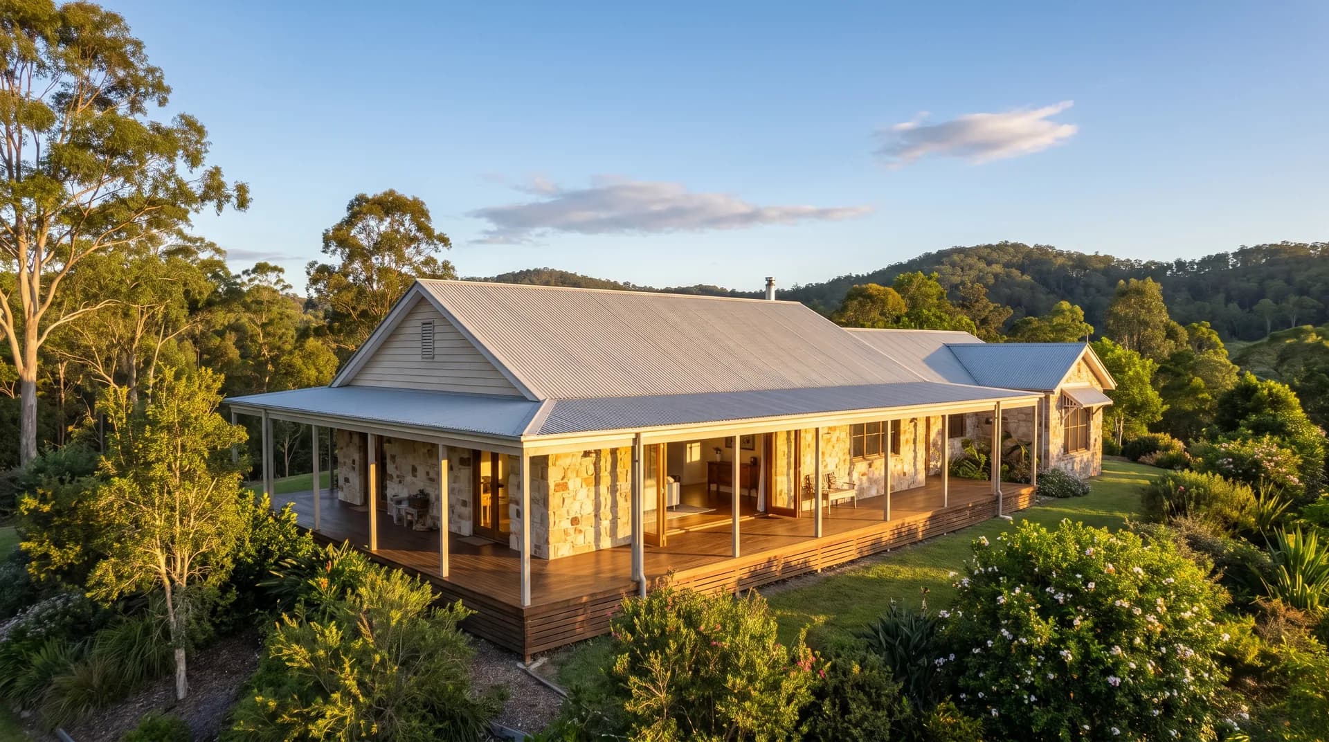 An acreage home set among the Samford hills in warm afternoon light