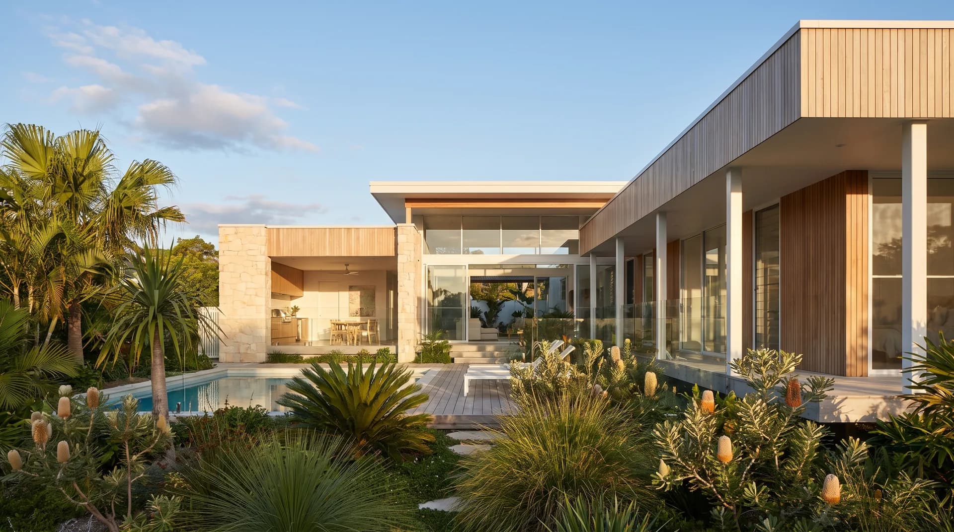 A contemporary new home on a Sunshine Coast block in warm afternoon light