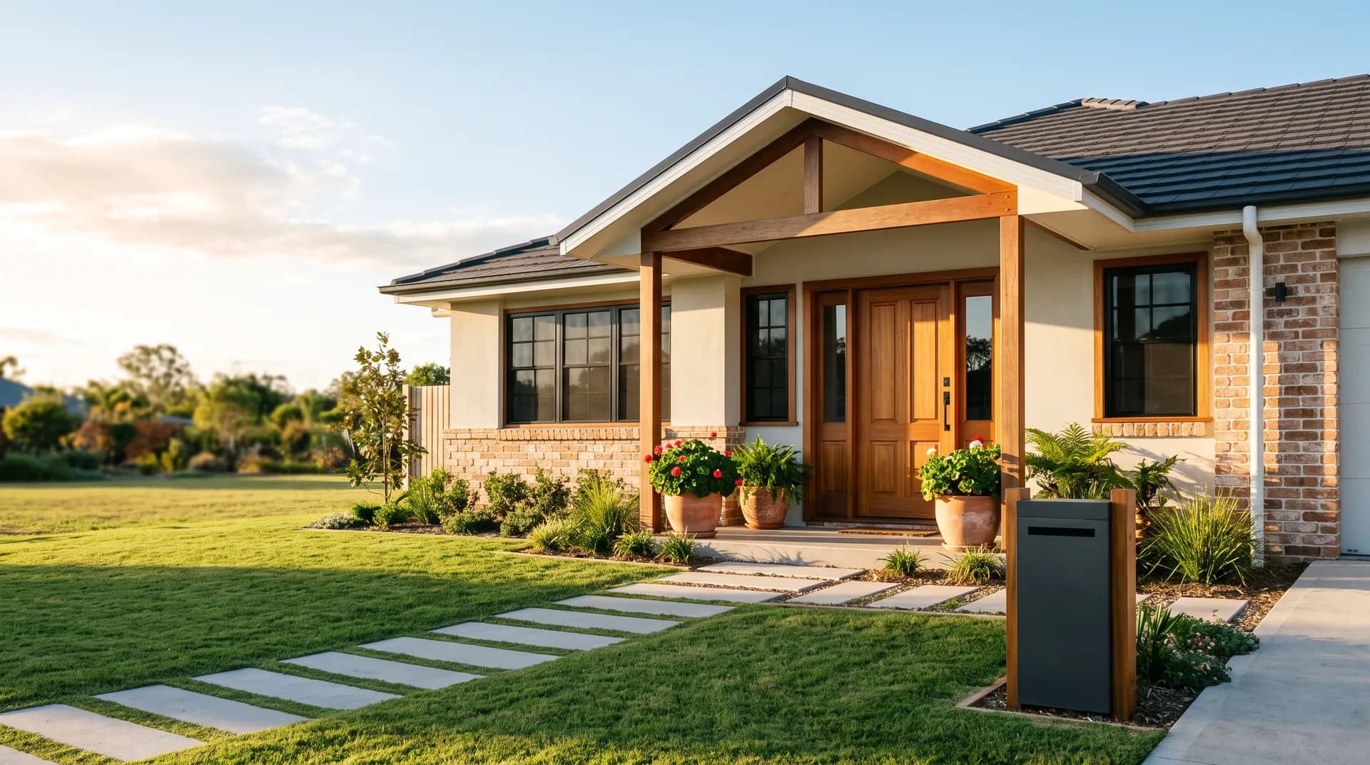 A welcoming family home entry in North Brisbane in warm afternoon sunlight