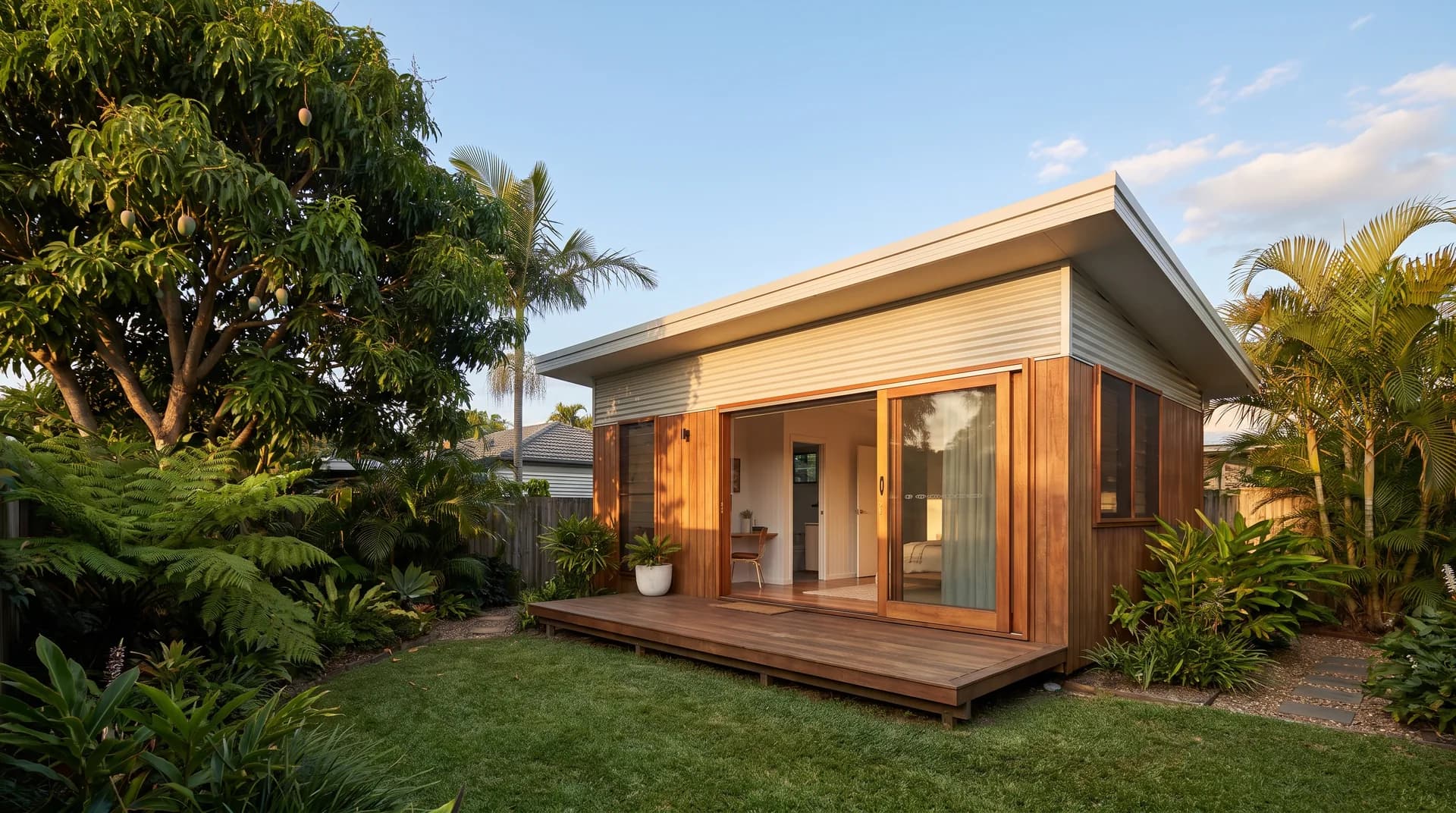 A compact two-bedroom granny flat in a Queensland backyard in warm afternoon light